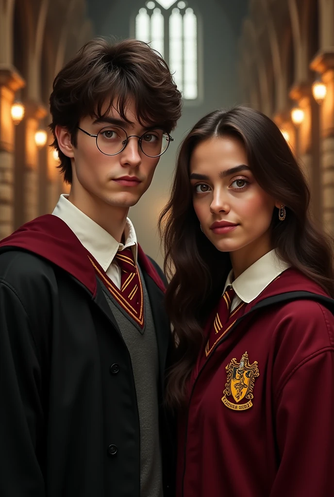A girl with eye color, blue. Skin color, toasted olive like its mother. Hair color, dark brown loose and wearing the Hogwarts uniform of Gryffindor house, hugging harry potter a 15 year oldack hair somewhat short, He wears glasses and his eyes are sky blue., He is white-skinned and somewhat short., Thin and with somewhat delicate features, he has a lightning bolt scar on his forehead and he wears his house uniform., Gryffindor.
