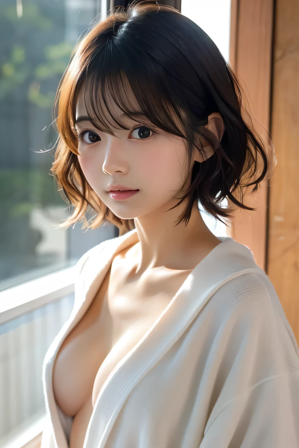 8k, highest quality, masterpiece, Realistic, Realistic, Very detailed, Natural light, Highly detailed face and skin, Fine grain, Highly detailed face and skinの中間ショット, Beautiful woman staring at camera, Sexy pose, Beautiful Face, Realistic Face, Detailed face, Beautiful hairstyle, Realistic eyes, fine grain, Realistic Skin, Detailed skin, Beautiful Skin, charm, Ultra-realistic, Sexy Cardigan, kind, Brown Hair, Cute Japanese Girl, whole body, Topless, Nipples stick out