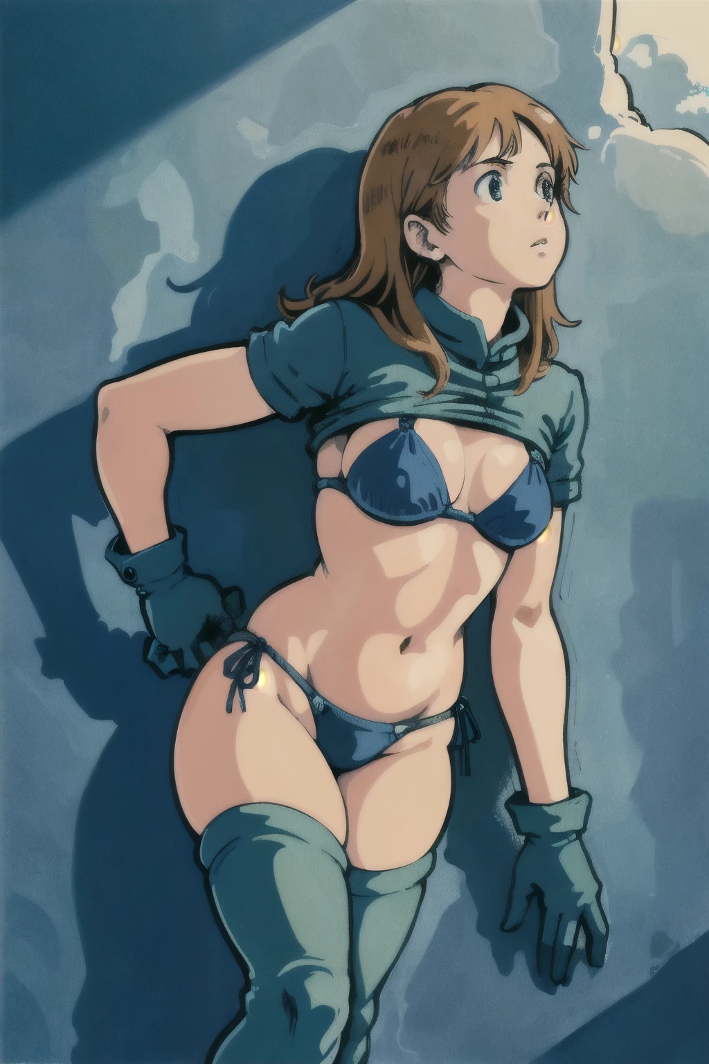 Dorohedoro Style, Nami from One Piece, short orange hair, sexy thick body, blue stockings, blue choker, blue sexy lingerie, sea, sea beach