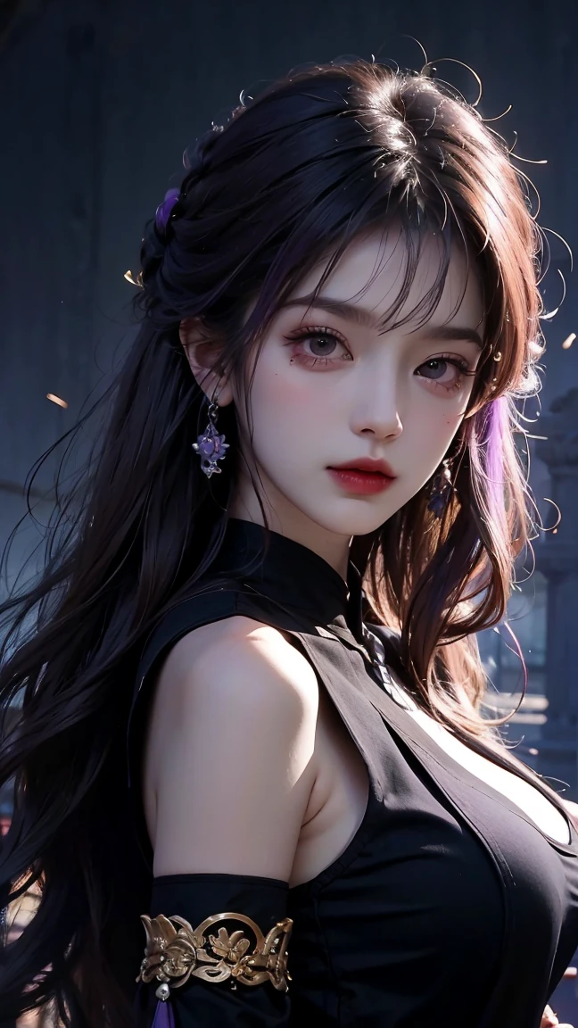 masterpiece, highest quality, Very detailed, Facing the camera, 複雑に詳細なSuper detailed, Realistic, Sharp features, Very detailed, Sharp focus, Perfect Face, Perfect Face, Perfect symmetrical perfect eyes, Perfect Plump Lips, Flexible female form, Cinematic, Film Light, Super detailed, hyper Realistic, masterpiece, atmosphere, High resolution, Vibrant, Dynamic studio lighting, ((Dawn Background)), The expression when receiving pleasure, Straight bangs, Purple Eye、((Wearing a cute ribbon flower patterned bra)), Cowboy Shot,