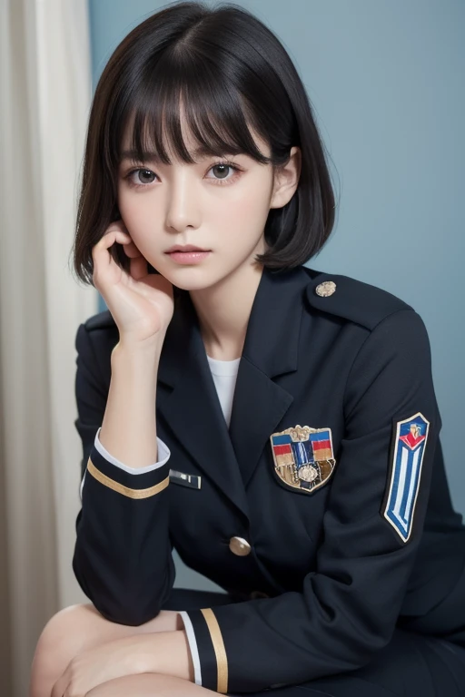 ( Highest Resolution , clear_ images) best quality , single person , one woman, Alone, Masterpiece, very detailed, semi-realistic , Short Black Hair , black hair, bangs, 18 years old, mature, light blue uniform, uniform, Indoor Background, kind, Dignified, Powerful, Beautiful Faces , Beautiful Faces