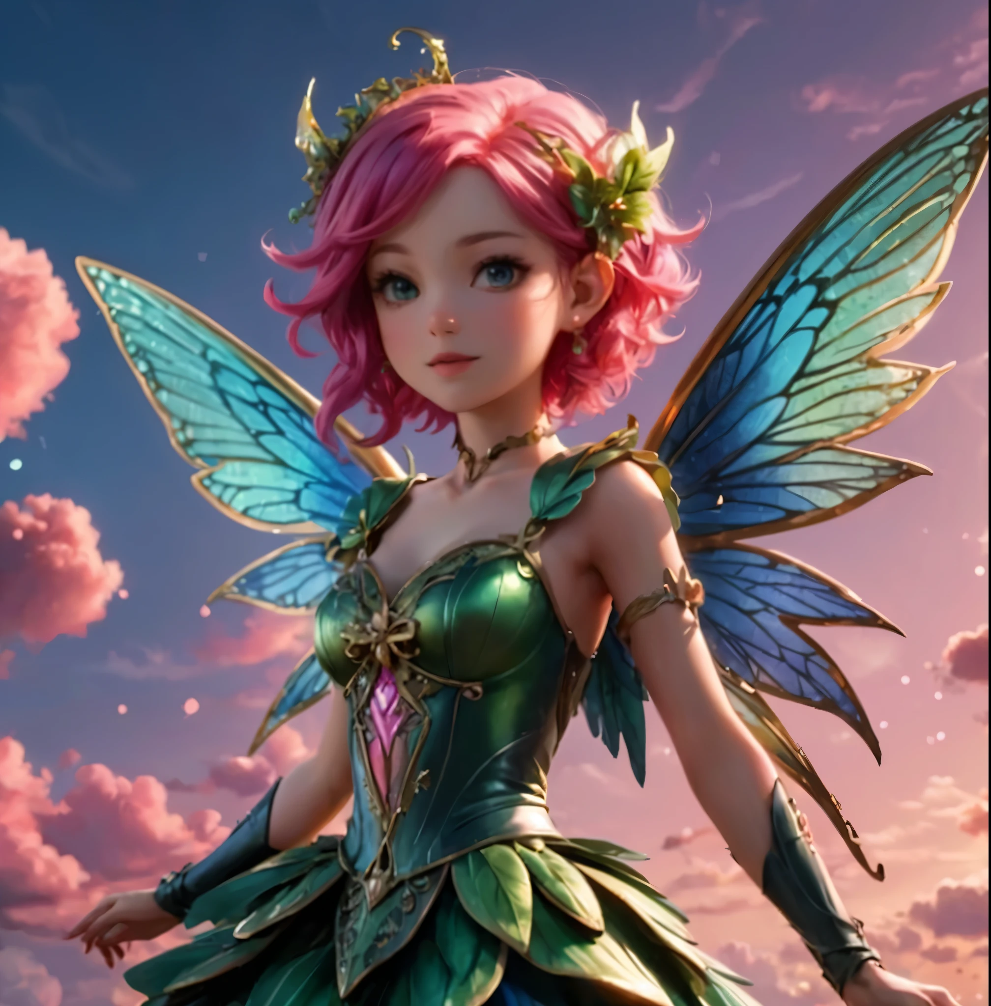 Fantastically bright flying fairy with gorgeous pink hair, wearing a crown of flowers and green and pink clothes.