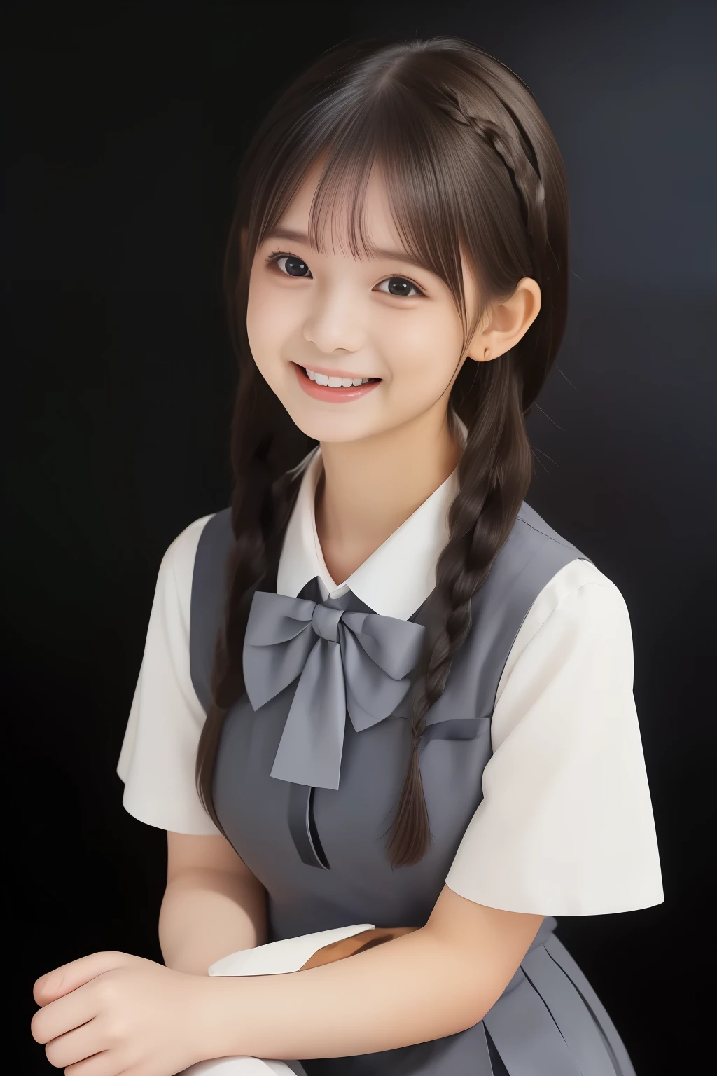( best quality , Masterpiece, high resolution:1.2), 4K, ( Photo quality detailed foreground : 1.2), ( Giorgione painting style : 0.8), geometry, ( fashion model looking at me with too beautiful eyes like a cute -yeld gi Japanese photo model sitting and smiling: 1.3), ( is a smiling face: 1.5), Laugh cutely, (( light gray ) neat ivory short sleeve blouse The best uniform for Japanese high school girls wearing them , puffed short sleeves: 1.2), ( white socks and school leather shoes : 1.2), ( dark red shiny school ribbon on her chest : 1.0), ( Cheeks smiling wildly: 1.0), ( beautiful light amber, big, clear eyes with well-balanced and cute details : 1.4), ( strongly curled bangs : 1.2), ( Expressing the greatest joy with the whole body: 1.2), ( glossy lips: 1.0), ( beautiful braids tied under the ears : 1.3), ( cute earrings), ( Bringing You to Heaven : 1.6), (White and transparent skin: 1.0), ( eyes of a cute 14-year-o prss laing : 0.8), ( beautiful white hands together : 0.9), ( high definition CG unified 8K wallpaper : 1.2), ( I fell in love with her shiny, neat short bob hair 、Falling in love : 1.2), ( beautiful girly vibe , Plain black background: 1.5)、((Upper body only shot ))