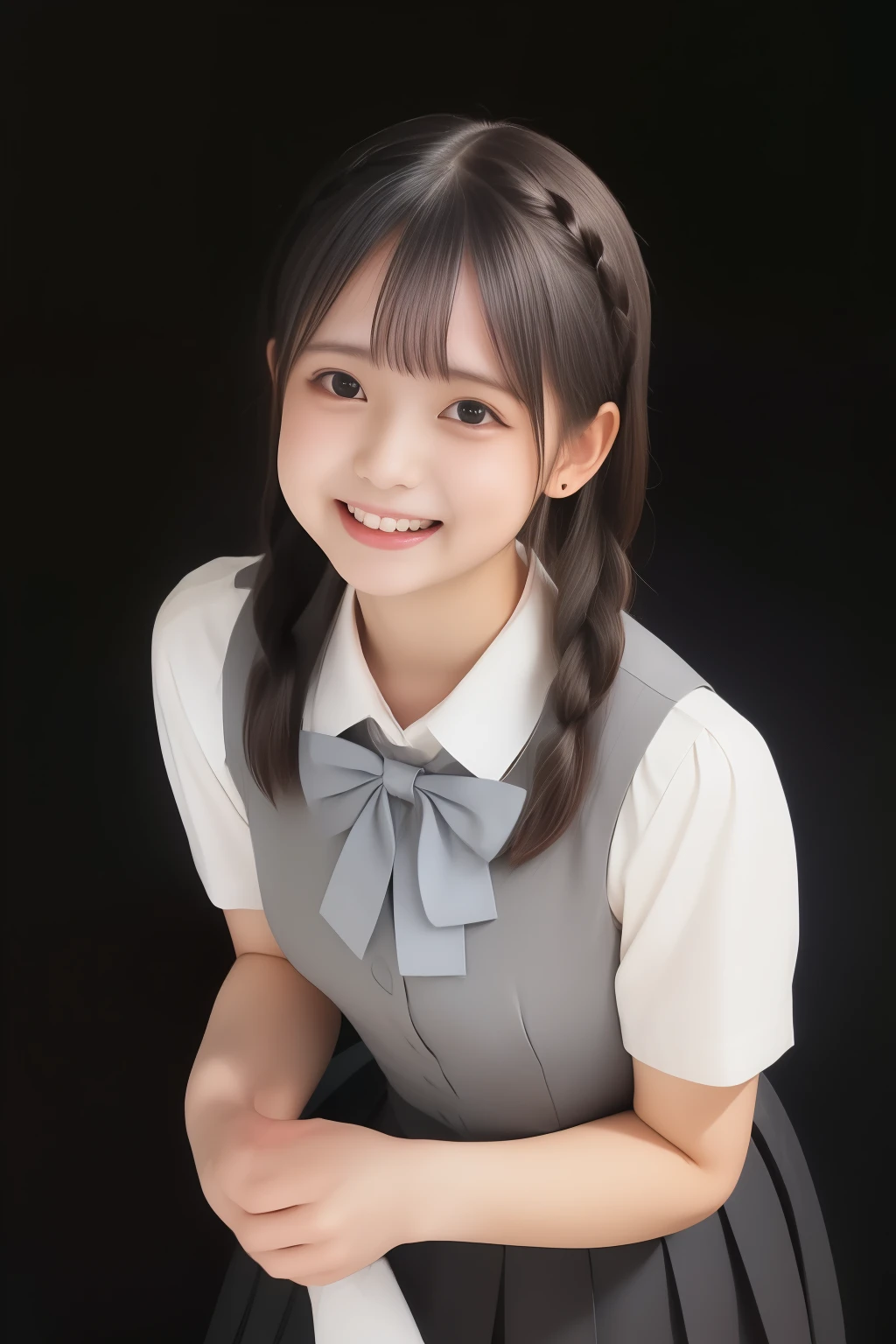 ( best quality , Masterpiece, high resolution:1.2), 8k, ( Photo quality detailed foreground : 1.2), ( Giorgione painting style : 0.8), geometry, ( fashion model looking at me with too beautiful eyes like a cute -yeld gi Japanese photo model sitting and smiling: 1.3), ( is a smiling face: 1.5), Laugh cutely, (( light gray ) neat ivory short sleeve blouse The best uniform for Japanese high school girls wearing them , puffed short sleeves: 1.2), ( white socks and school leather shoes : 1.2), ( dark red shiny school ribbon on her chest : 1.0), ( Cheeks smiling wildly: 1.0), ( beautiful light amber, big, clear eyes with well-balanced and cute details : 1.4), ( strongly curled bangs : 1.2), ( Expressing the greatest joy with the whole body: 1.2), ( glossy lips: 1.0), ( beautiful braids tied under the ears : 1.3), ( cute earrings), ( Bringing You to Heaven : 1.6), (White and transparent skin: 1.0), ( eyes of a cute 14-year-o prss laing : 0.8), ( beautiful white hands together : 0.9), ( high definition CG unified 8K wallpaper : 1.2), ( I fell in love with her shiny, neat short bob hair 、Falling in love : 1.2), ( beautiful girly vibe , Plain black background: 1.5)、((Upper body only shot ))