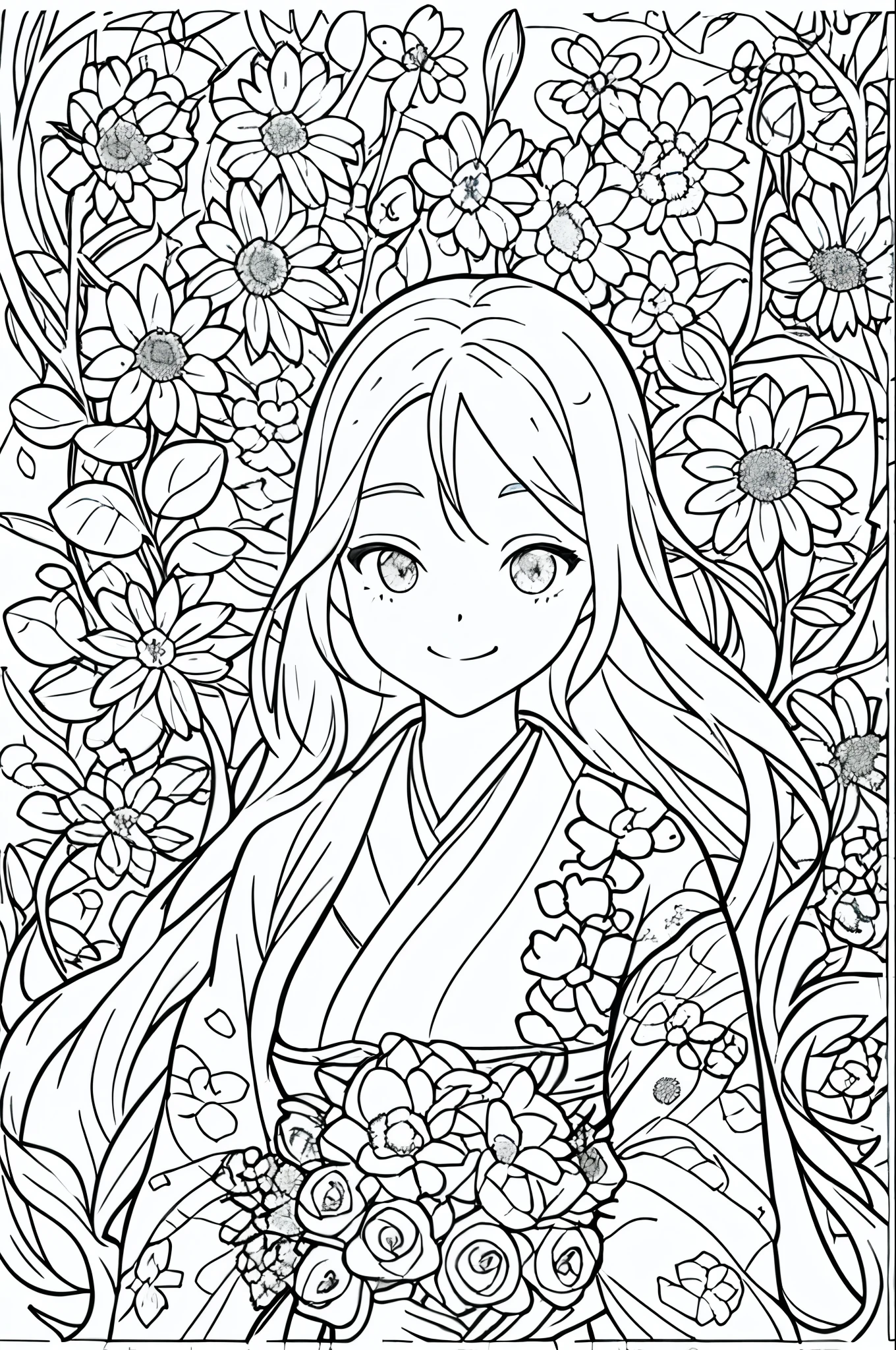 Simple line drawing without shading, for black and white coloring, no gray case, no gray, black and white clear, obra maestra, high quality, 1 Barbie, alone, long hair, looking at the audience, smiling, kimono, traditional Japanese , dress, arco, participation, closed mouth, flower, volunteer, flower del cabello, , flower ramo, clump flower, centrales, food, clump bouquet of flowers, field, flower, field, line art, monochrome,