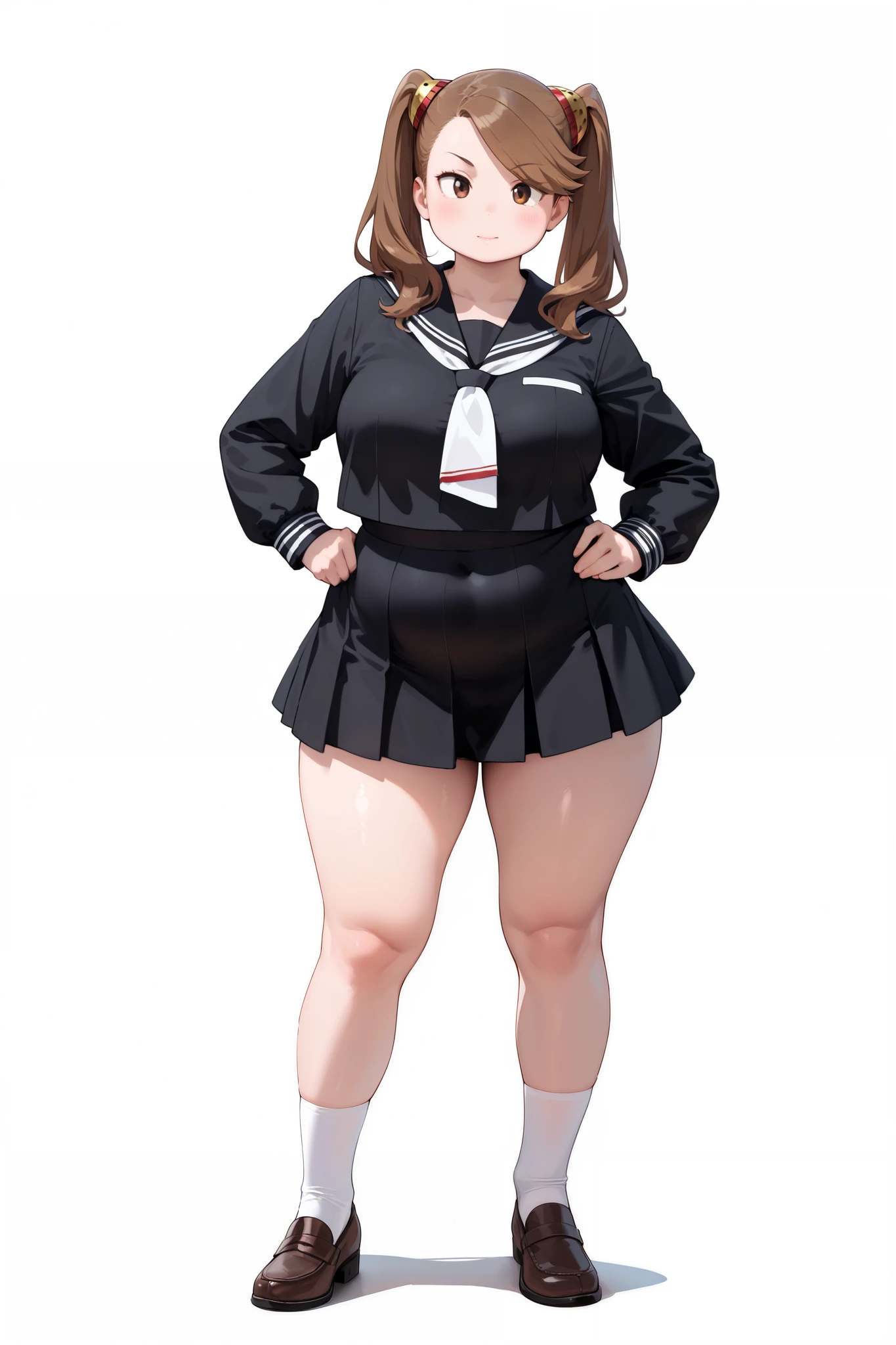 solo girl, score_9,score_8_up,score_7_up, masterpiece, best quality, highest resolution, from front, (chubby woman), (black sailor suit and skirt), wide head, thick legs, Standing, photorealistic, full body, Round face, legs apart, long hair, brown hair, hair ornament, twintails, swept bangs, brown eyes, thin waist, big hips, plump thighs, curvaceous, kaoruko sazaki, simple background, white background,