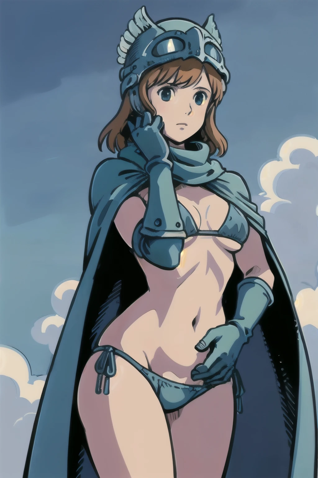 ((best quality, masterpiece, extremely detailed)), 1girl, thong bikini, gloves, cloak, winged helmet, cowboy shot, blue sky, clouds, NausicaaC
