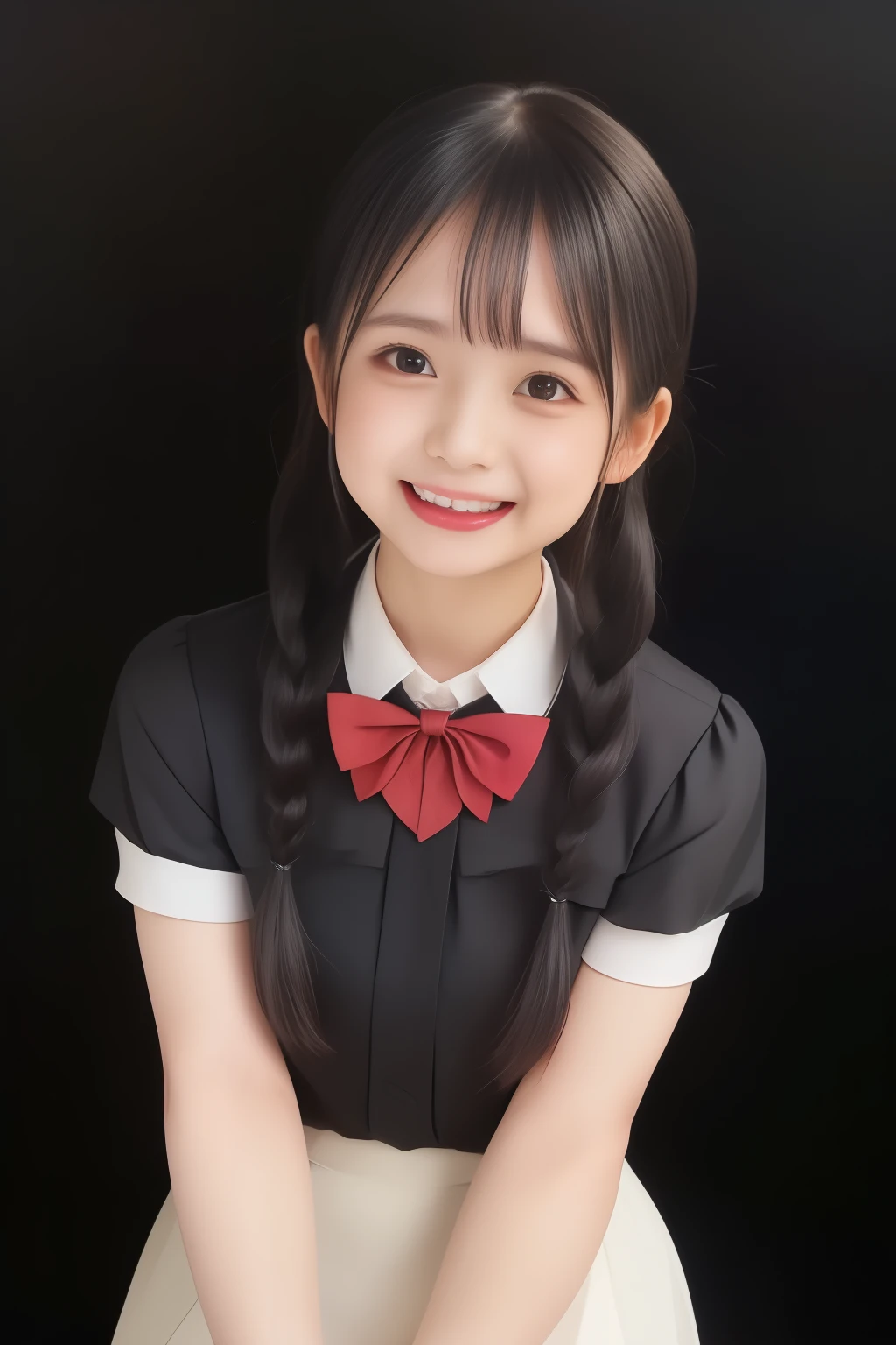 ( best quality , Masterpiece, high resolution:1.2), 8k, ( Photo quality detailed foreground : 1.2), ( Giorgione painting style : 0.8), geometry, ( fashion model looking at me with too beautiful eyes like a cute -yeld gi Japanese photo model sitting and smiling: 1.3), ( is a smiling face: 1.5), Laugh cutely, (( light gray ) neat ivory short sleeve blouse The best uniform for Japanese high school girls wearing them , puffed short sleeves: 1.2), ( white socks and school leather shoes : 1.2), ( dark red shiny school ribbon on her chest : 1.0), ( Cheeks smiling wildly: 1.0), ( beautiful light amber, big, clear eyes with well-balanced and cute details : 1.4), ( strongly curled bangs : 1.2), ( Expressing the greatest joy with the whole body: 1.2), ( glossy lips: 1.0), ( beautiful braids tied under the ears : 1.3), ( cute earrings), ( Bringing You to Heaven : 1.6), (White and transparent skin: 1.0), ( eyes of a cute 14-year-o prss laing : 0.8), ( beautiful white hands together : 0.9), ( high definition CG unified 8K wallpaper : 1.2), ( I fell in love with her shiny, neat short bob hair 、Falling in love : 1.2), (( glossy red lip gloss that sticks out your wet tongue))、( beautiful girly vibe , Plain black background: 1.5)、((Upper body only shot ))