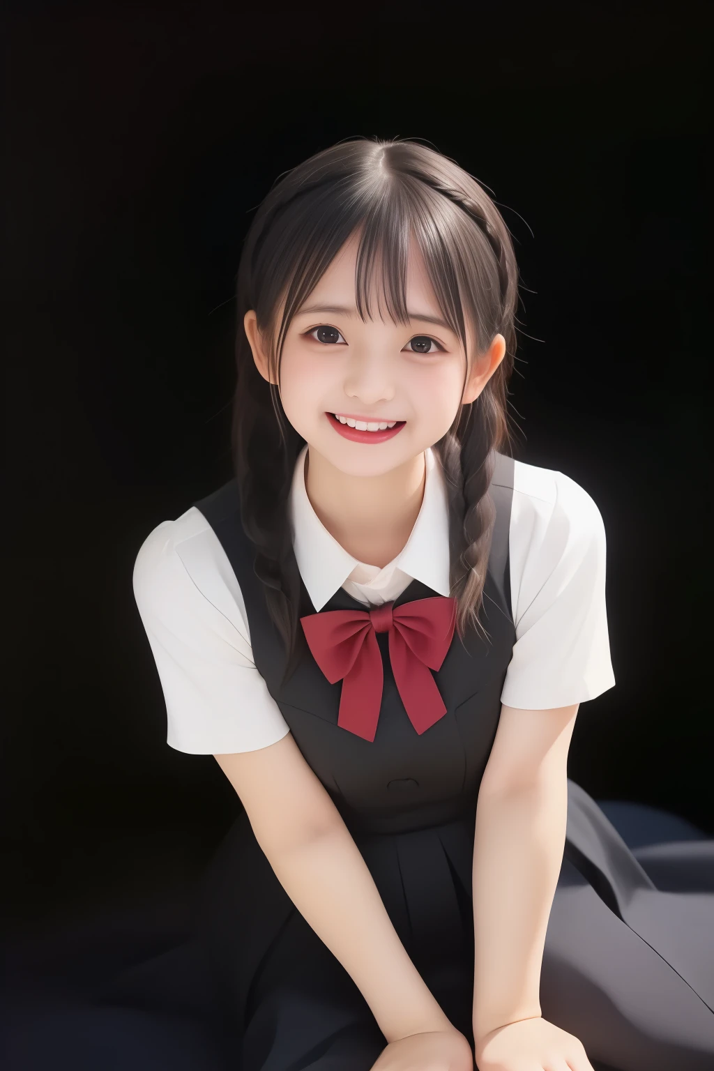 ( best quality , Masterpiece, high resolution:1.2), 8k, ( Photo quality detailed foreground : 1.2), ( Giorgione painting style : 0.8), geometry, ( fashion model looking at me with too beautiful eyes like a cute -yeld gi Japanese photo model sitting and smiling: 1.3), ( is a smiling face: 1.5), Laugh cutely, (( light gray ) neat ivory short sleeve blouse The best uniform for Japanese high school girls wearing them , puffed short sleeves: 1.2), ( white socks and school leather shoes : 1.2), ( dark red shiny school ribbon on her chest : 1.0), ( Cheeks smiling wildly: 1.0), ( beautiful light amber, big, clear eyes with well-balanced and cute details : 1.4), ( strongly curled bangs : 1.2), ( Expressing the greatest joy with the whole body: 1.2), ( glossy lips: 1.0), ( beautiful braids tied under the ears : 1.3), ( cute earrings), ( Bringing You to Heaven : 1.6), (White and transparent skin: 1.0), ( eyes of a cute 14-year-o prss laing : 0.8), ( beautiful white hands together : 0.9), ( high definition CG unified 8K wallpaper : 1.2), ( I fell in love with her shiny, neat short bob hair 、Falling in love : 1.2), (( glossy red lip gloss that sticks out your wet tongue))、( beautiful girly vibe , Plain black background: 1.5)、((Upper body only shot ))