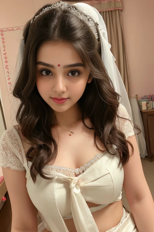 a cute woman in a white silk sari posing for a picture, featured on instagram, seductive, angular, , hot, sexy,