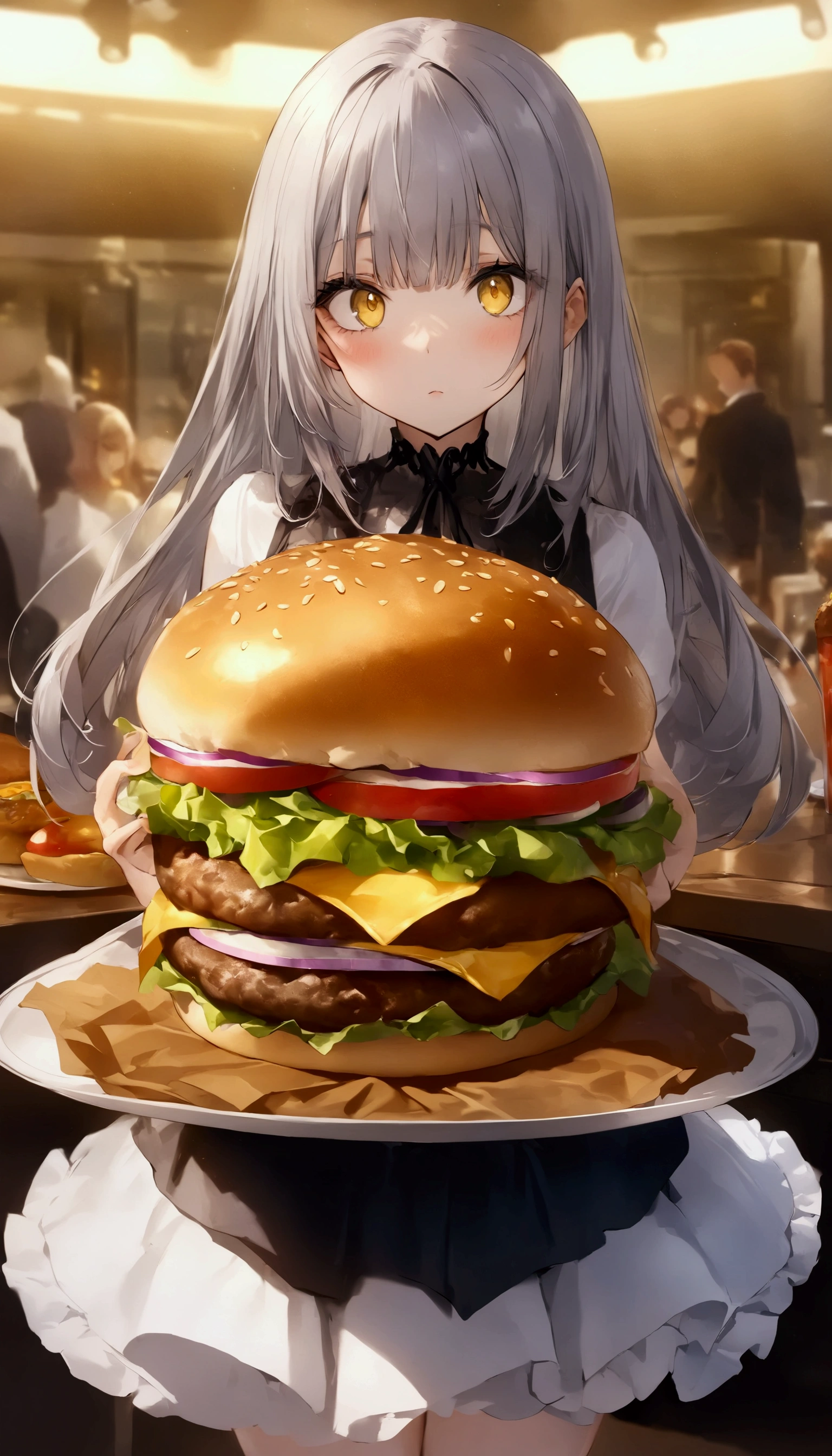 A Day with My Gothic Girlfriend、 Perfect Anatomy、Afternoon Moment 、lunch time、solo、 long gray hair、 yellow eyes、 very luxurious hamburger 、 very large burger、gluttonous hamburger 、、 cup that stands gracefully、Standing gracefully in front of a hamburger:1.5