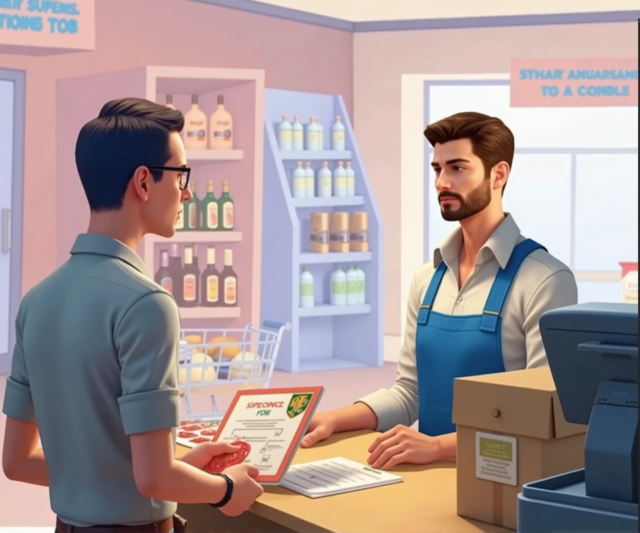, and a picture of a supermarket recruiting employees，A European and American man with short hair ，Supermarket employees， wearing a white shirt ，Blue overalls， has short brown hair, is standing opposite the employee who came for an interview ， wearing black glasses，Grey short sleeves，An employee with short hair ，Supermarket simulation game，3D Characters