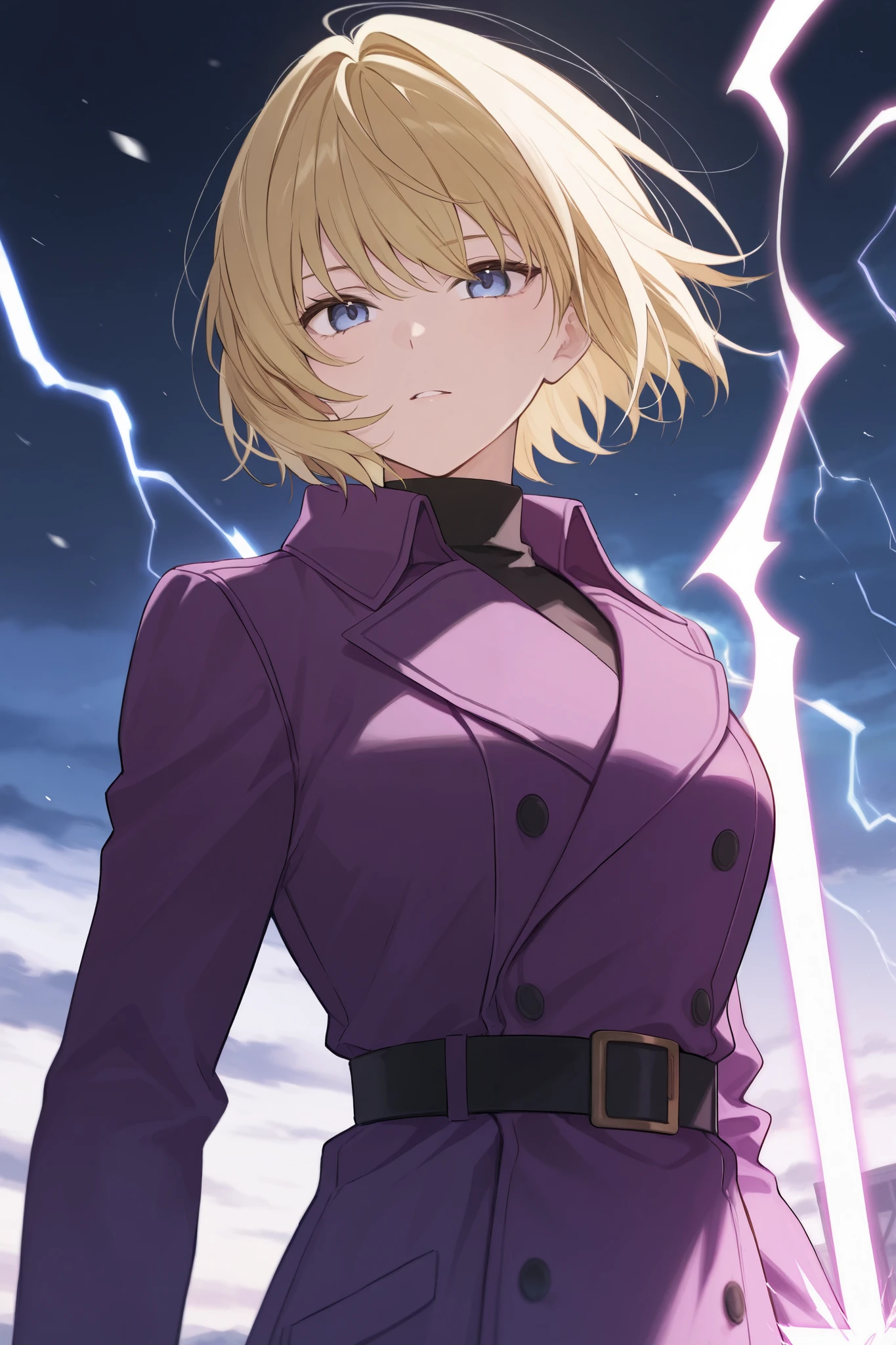 Blonde woman,Lightning Sword , purple coat