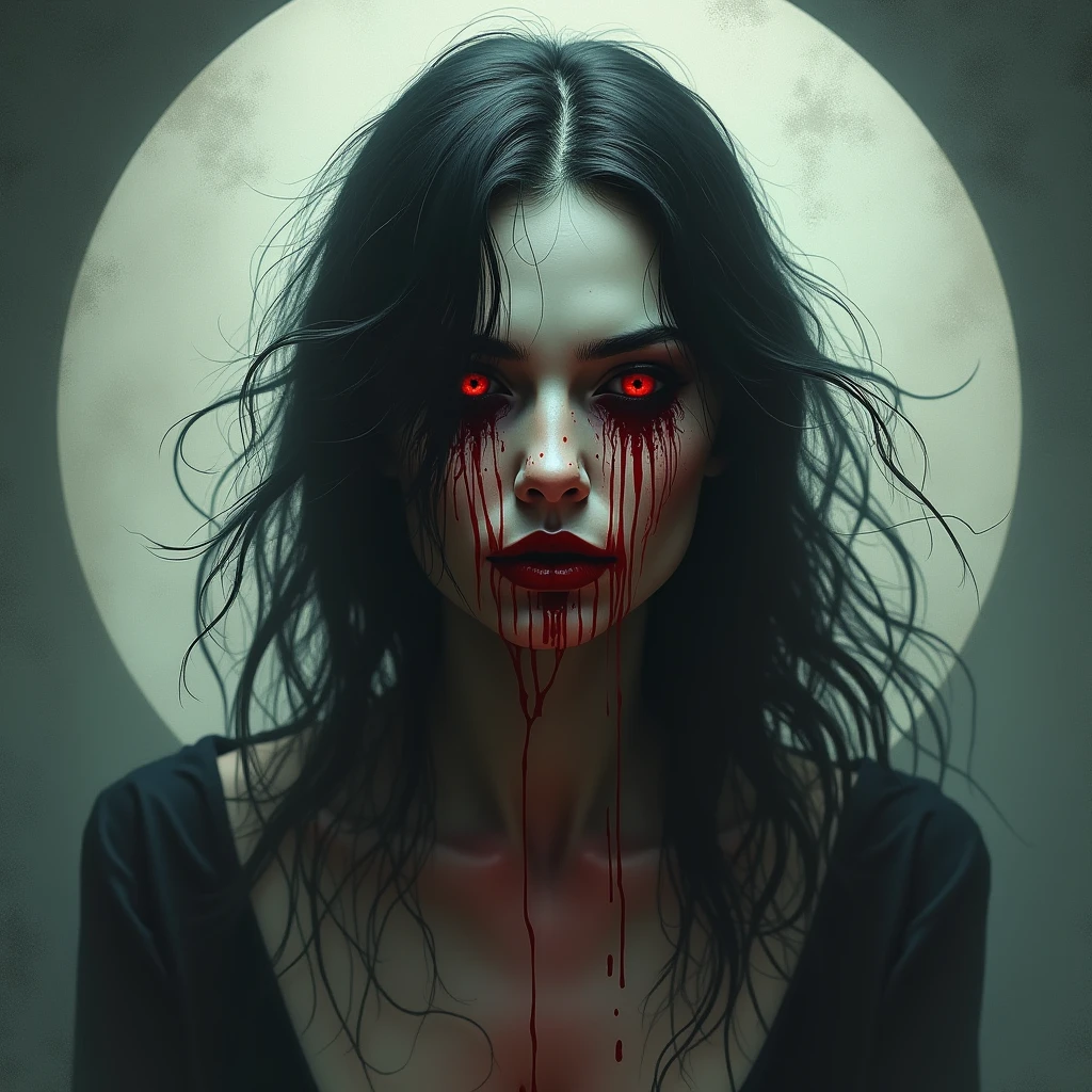 arafed woman with blood on her face in a dark forest, blood; dark cinematic lighting, portrait of evil girl, portrait of a ominous girl, dark fantasy portrait, woman in a dark forest, portrait of demon girl, many scars. cinematic lighting, bloody face, horror photo, bloody brown eyes, pale woman covered with blood, portrait of a young 21 year old girl