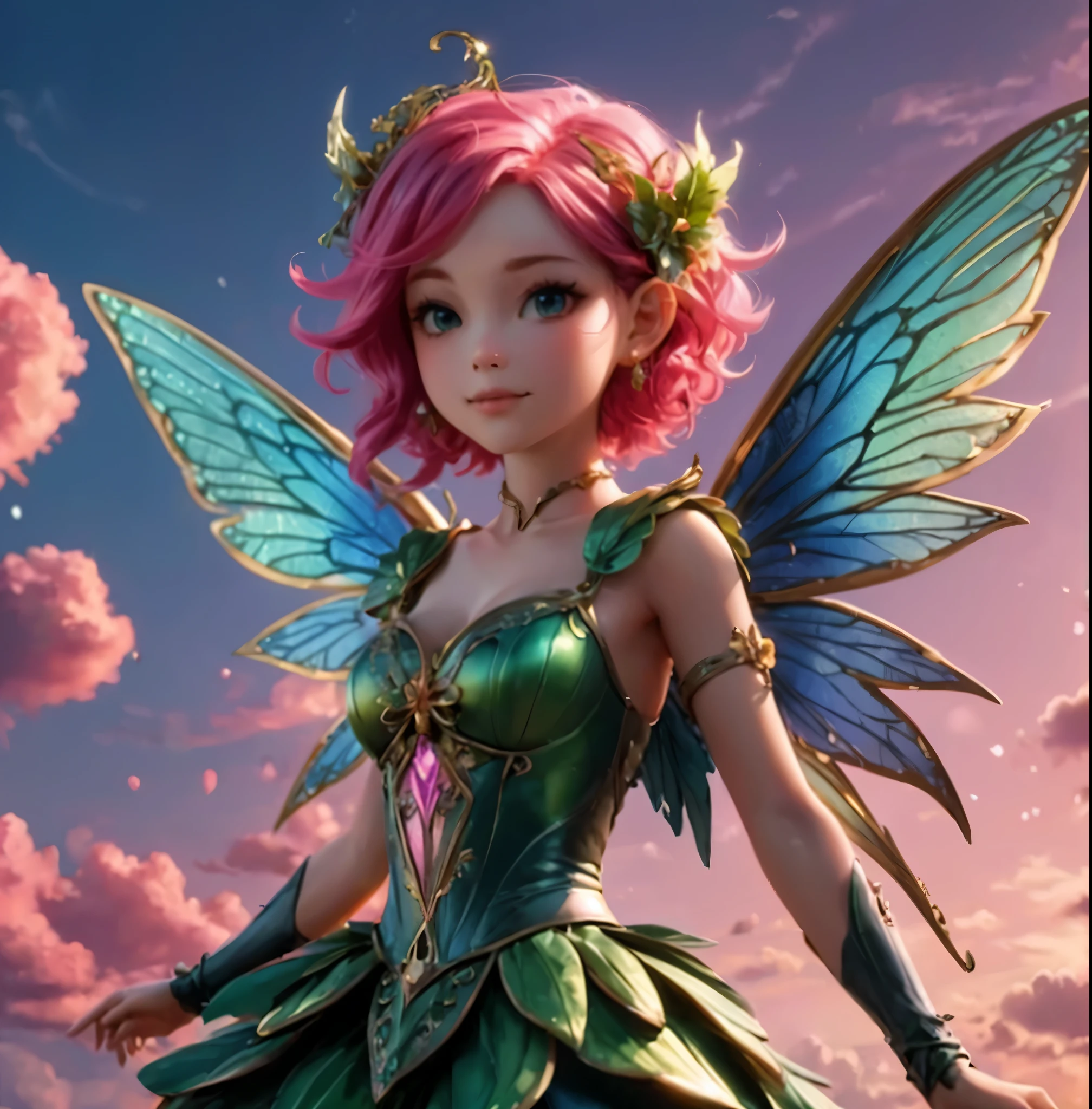 Fantastically bright flying fairy with gorgeous pink hair, wearing a crown of flowers and green and pink clothes.