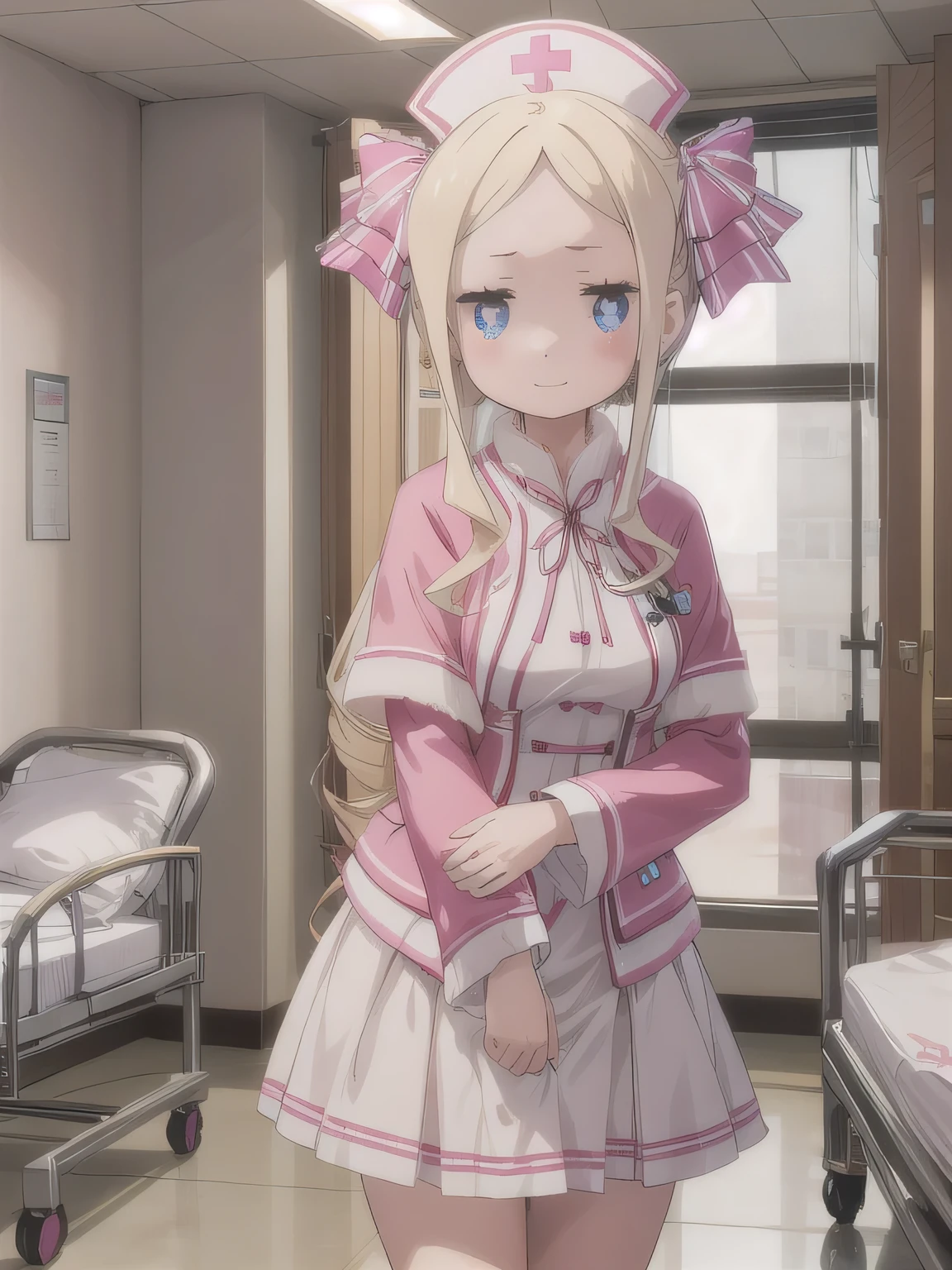 Depict a 20-year-old, very beautiful woman in a hospital room. She is wearing a nurse cap and a mini-skirt style white uniform. Her expression is shy, and she is smiling gently. The setting includes medical equipment and furnishings typical of a hospital room, with soft lighting to create a warm and welcoming atmosphere.