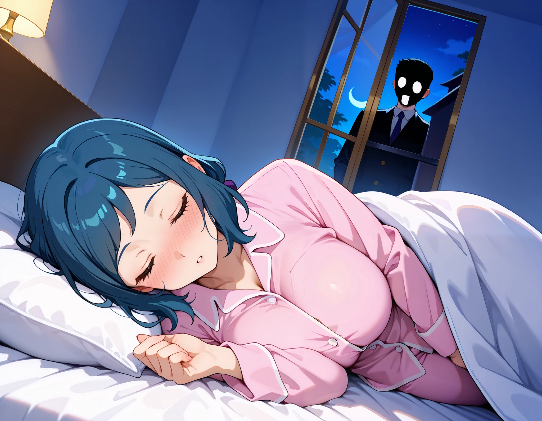 score_9, score_8_up, score_7_up, score_6_up, score_5_up, score_4_up, iori rinko, married woman, mature woman, solo, blue hair, slicked back hair, closed eyes, mature female, parted bangs, , Slender and sexy body, large breasts, curvy body, blank  face,  parted lips,  nose blush, blush, front view, looking away, head tilt, look away,  sleeping, pink pajamas, indoor, bedroom, night time, dark room, on the bed,  lie  down, lying, blanket, in the blanket, 1girl,  1boy (vampire, faceless, have big build,  standing from girl's side). Dutch angle 