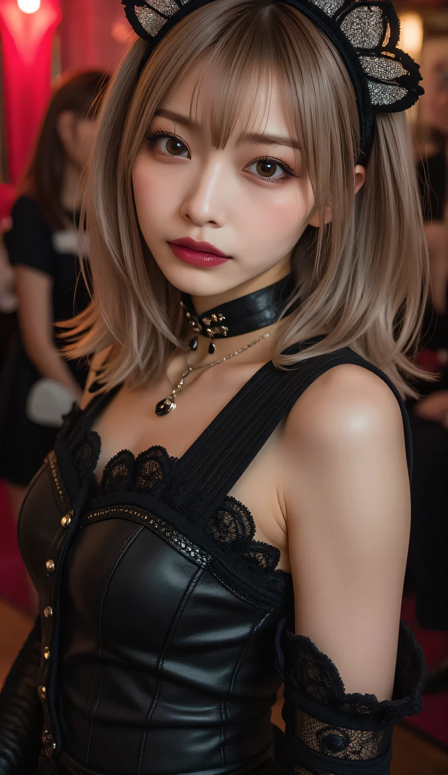 perfect composition of drapes , proper placement , Golden Ratio, shot above knee , Front Map, beautiful Japanese woman, Musician Gothic Style Girl:1.331, Play wood bass:1.331, Chic Style Maid Female :1.8, tea hair, Hairy Hair:1.21, brown eyes :1.21, clear eyes , perfect beauty, have pink lipstick :0.98, Anatomically Accurate Proportions :1.331, have small heads :1.331, flat chest:1.331, slender body:1.331, thin limbs:1.331, thin waist:1.331, Leather Finish Gothic Costume :1.21, false eyelashes, Bright red cheeks , perfect beauty, cute maid cosplay , lots of customers and maids , Emotional Dynamic Dramatic Lighting ,