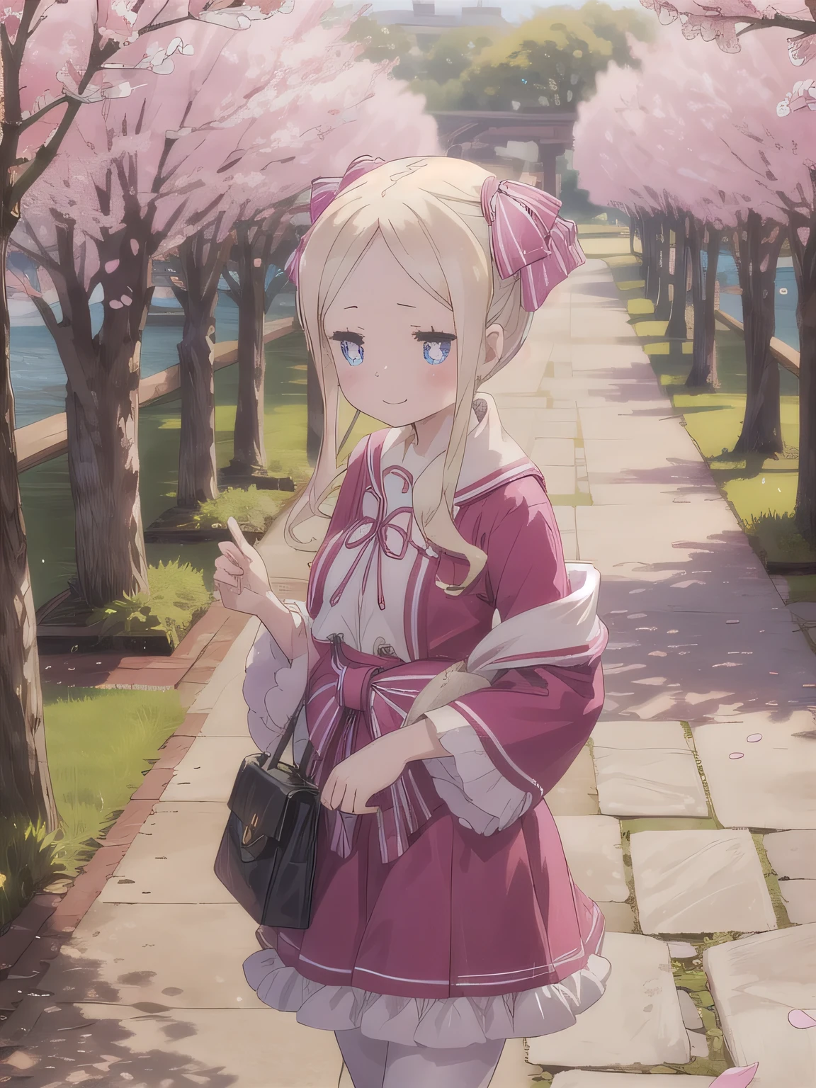 Depict a 20-year-old, very beautiful woman standing under a row of fully bloomed cherry blossom trees. She is dressed in a classic black-and-white sailor-style outfit with a short hem. Her cheeks are slightly flushed, and she is smiling gently, radiating a cheerful and charming aura. The background is filled with vibrant pink blossoms and soft natural light, creating a serene and picturesque scene.