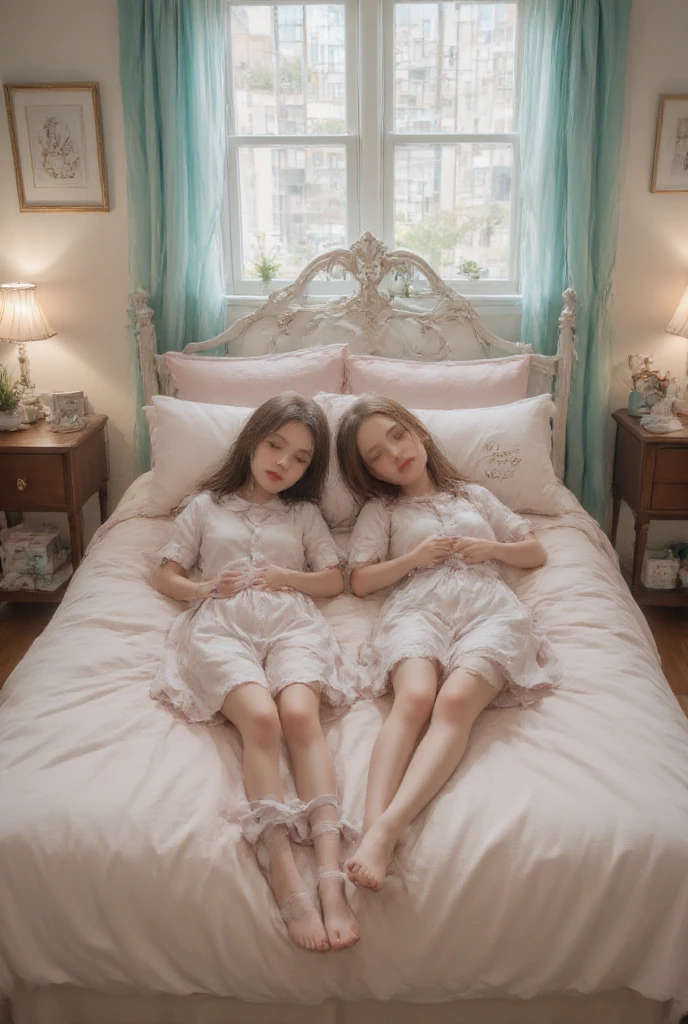 Beautiful twin sisters sleeping in a coffin,White dress,White cotton socks,The older sister wears Blue Mary Jane shoes,The younger sister wears pink Mary Jane shoes,Real Human,serene,florals,Adult maturity
