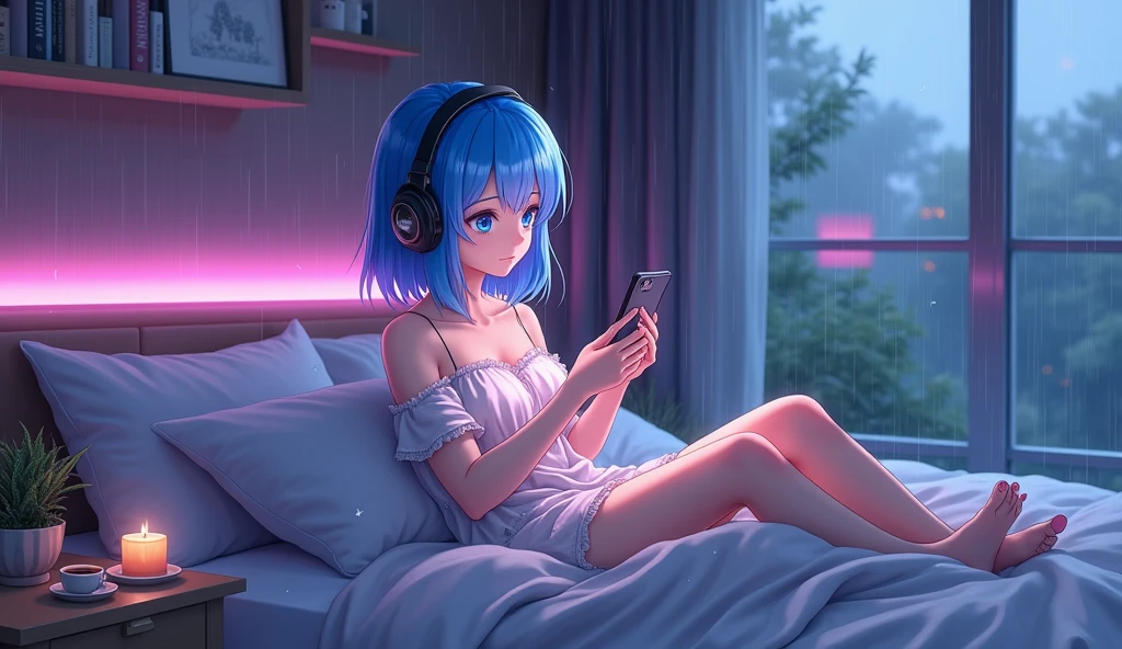 A young anime character with bright blue hair in a stylish Chanel cut , with elongated tips on the front (beak style ), details highlighting her modern and unique look . Her intense blue eyes have a mesmerizing Zante , reflecting her captivating personality . She is in a contemporary bedroom and cozy glow , illuminated by LED strips in soft shades of purple and blue , creating a relaxing and enveloping atmosphere .
The character reclines comfortably on a spacious and well-arranged bed, with soft sheets in light and delicate tones . She wears light silk pajamas , composed of a thin strappy blouse and loose shorts , both decorated with subtle , like small star or flower patterns , adding a sophisticated and cute touch .
Large headphones wrap around her ears as she listens to music , with a serene and dreamy expression. by your side, on a small light wooden bedside table , is a cup of hot coffee that exudes a faint vapor , a smartphone with the illuminated screen , and an aromatic candle that projects a soft and cozy light . In the environment , There is a bookcase with books and decorative objects, plus a window that lets in the silver light of the moon , complementing the charm The intimate and tranquil setting .