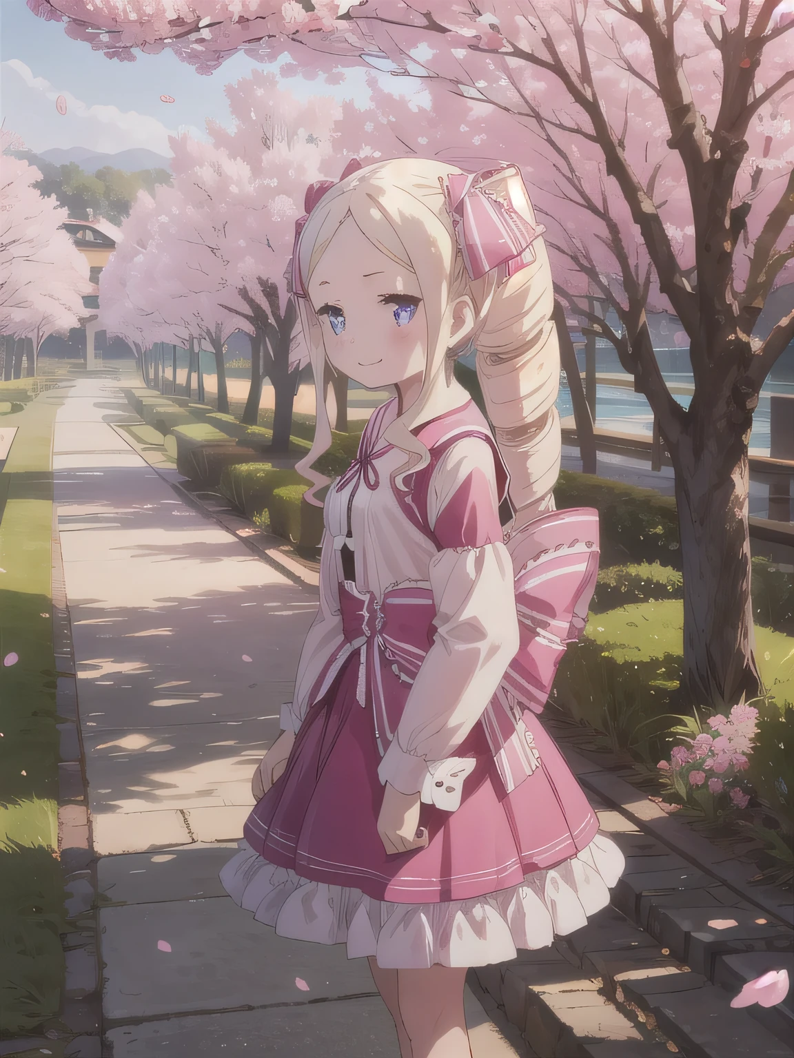 Depict a 20-year-old, very beautiful woman standing under a row of fully bloomed cherry blossom trees. She is dressed in a classic black-and-white sailor-style outfit with a short hem. Her cheeks are slightly flushed, and she is smiling gently, radiating a cheerful and charming aura. The background is filled with vibrant pink blossoms and soft natural light, creating a serene and picturesque scene. 1 woman。