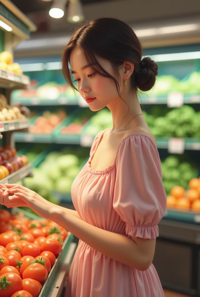 close-up of beautiful beautiful korean female, 34 inch breasts size, braided ponytail, wearing red striped t-shirt, in the morning market, bokeh background,UHD