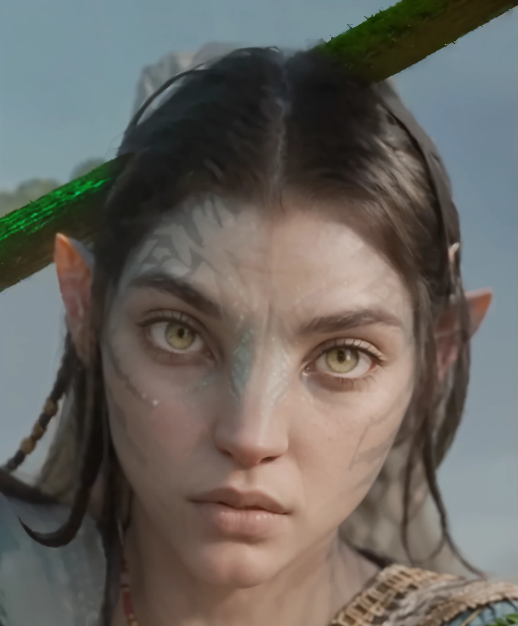 (masterpiece, best quality, high quality), RAW photo, (good body, good proportion, good anatomy, good fingers, good hands), detailed skin, detailed face, blue skin:1.2, pointy ears, Neytiri, avatar \(movie\), bracelet, yellow eyes:1.4, jewelry, portrait, forest, jungle, clouds, fog, floating island, (full tribal clothing, depth of field photo of (sks woman:1), tribal clothing, 