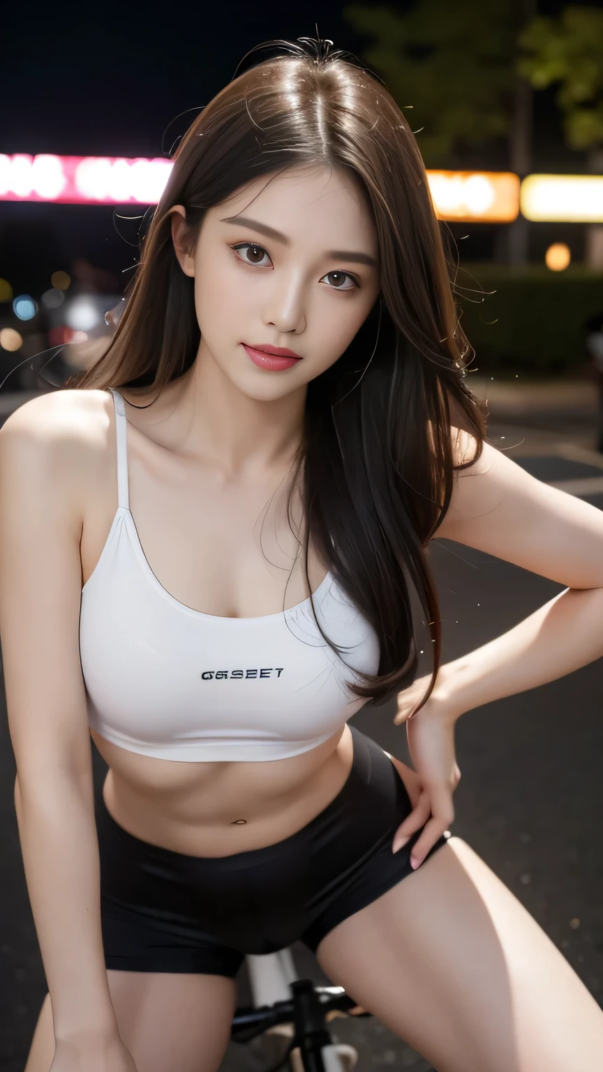 surreal korean girl, pale skin, beautiful face, long hair, The wind blowing through her long underwear, Wearing a bra and Nike gym leggings. cleavage is visible, big bust