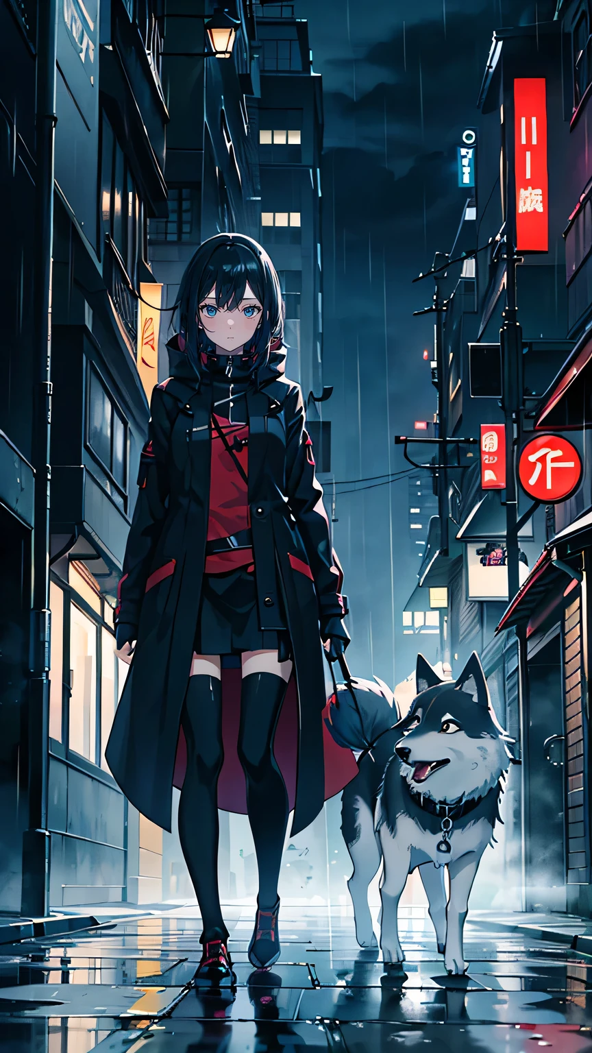 “Illustrate Misaki, a calm and intelligent 16-year-old girl, standing beside her wolf-like digital pet, Sylva. Misaki has short, straight hair and is wearing a dark, futuristic coat with minimalistic details, exuding a tactical vibe. Sylva, the wolf, is sleek and glowing softly, blending into the dark urban surroundings with its stealthy posture. The background is a rain-soaked city street at night, with digital effects subtly overlaying the environment. Misaki holds her AR device in one hand, calculating her next move, while Sylva is poised to strike, emphasizing their strategic and quiet bond.”