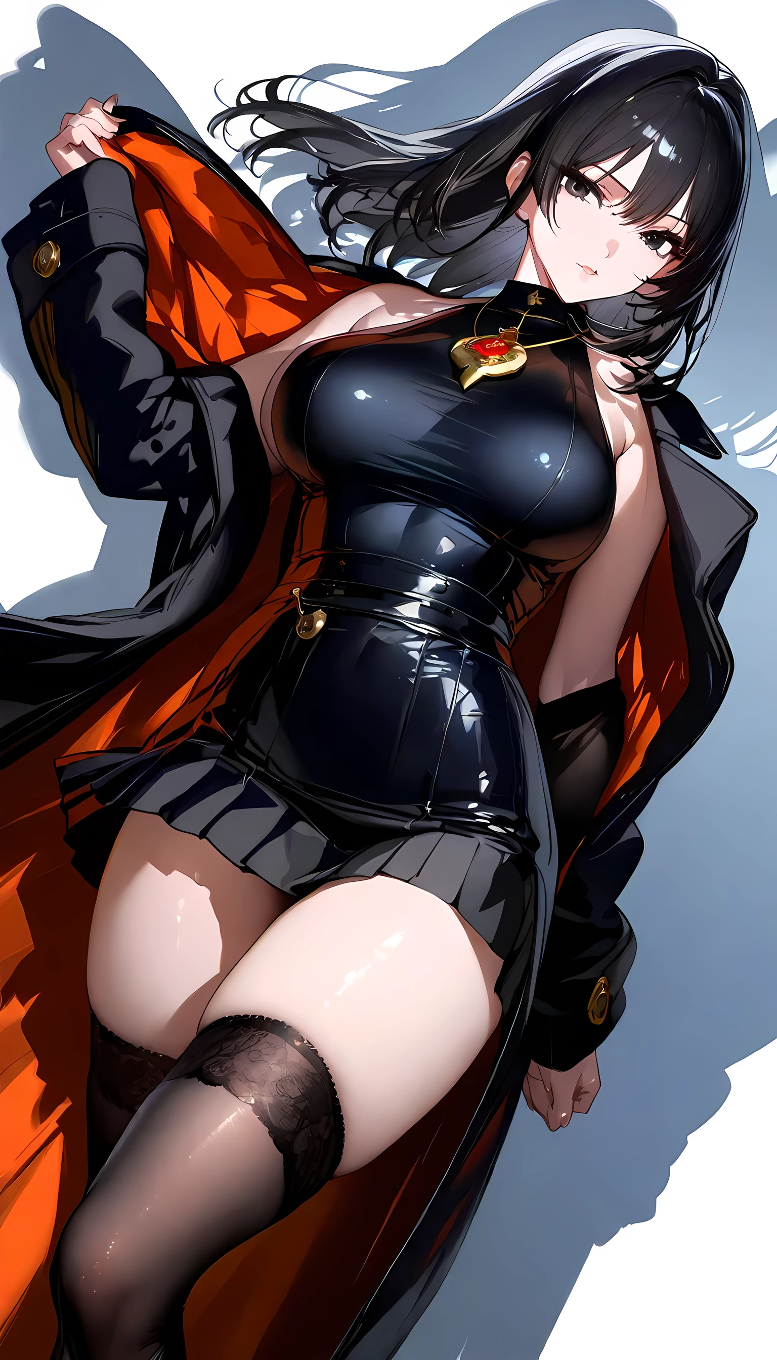 (Masterpiece, Side Light, Fine Beautiful Eyes: 1.2), (Masterpiece * Portrait), Portrait, (Bust), Realistic, Anatomically Correct, 3D Face, Sweet Skin, (Solo), Highlights, Gradient Hair, (Close-up of Face), Cute Face, (Fire Opal General Scarlet Eyes), Hanging Corner of the Eye, ((High Detail Skin, Visible Pores)), (Perfect Figure), A Beautiful Girl, Small Breasts, ((Western Style Coat)), (Neck Ring), Very, Very Short Short Glove, (Chain)