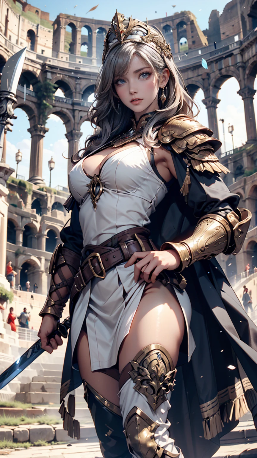 (1 mature muscular female paladin,gorgeous paladin armor,arm guard,leg guard,cecklace,silver hair,25yo), large breasts,cleavage,erected nipples,perfect hands, perfect finger,perfect anatomy, masterpiece, best quality,realistic, hyperrealistic, 16k hdr,(fantasy world,medieval,,outdoor,colosseum background:1.3),(cool beauty),(dynamic fighting pose,hand up,spread legs:1.2),dynamic angle,navel,from below,(oda non:1.5),(holding sword,ready sword:1.2)