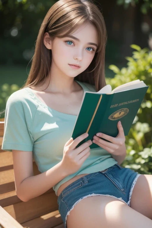 masterpiece, top quality , ultra detail), Portrait of an 18-year-old woman with light brown hair, Green round eyes, blue shorts ( Technical Background ) and reading a brown book - Auto Ultra Realistic