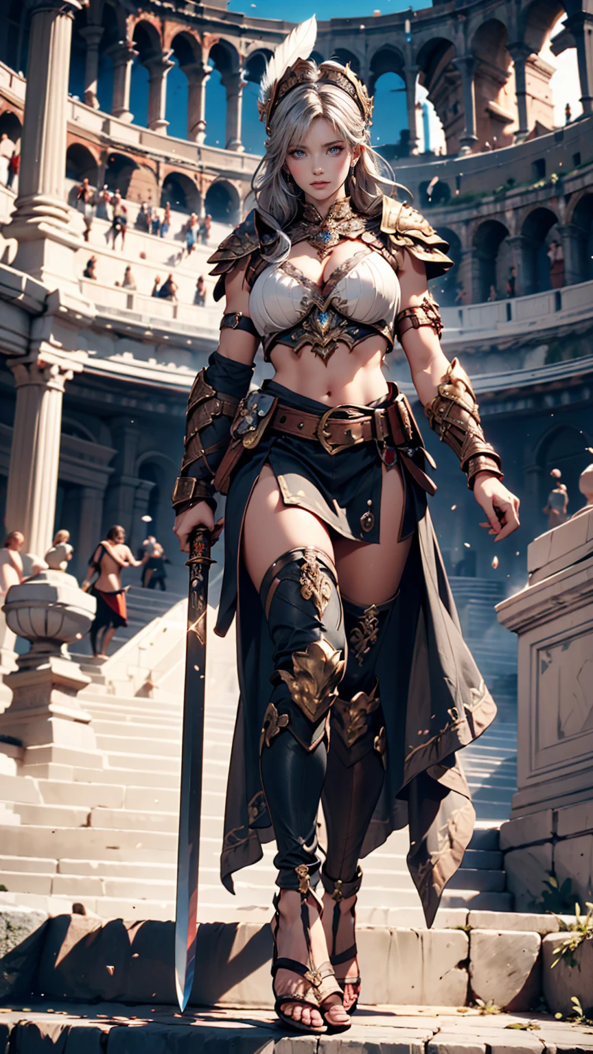 full body, whole body. 1solo (girl). slave fighter, loincloth standing, hands on hips full body, whole body. 1solo (girl). slave fighter, loincloth standing, hands on hips, metal sandals, backpack, choker, big belt, view from below, feet together, bracers, tiara