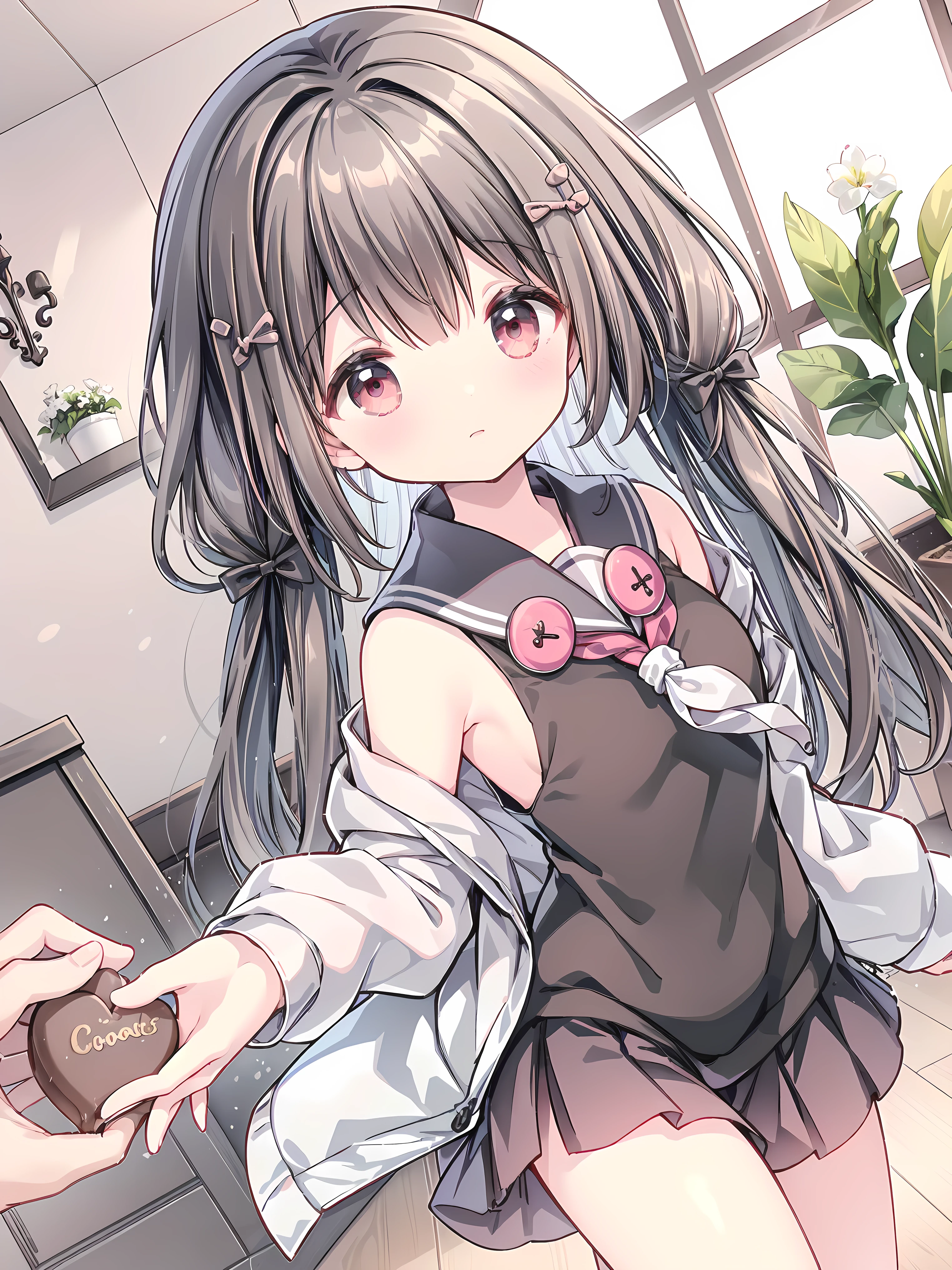 masterpiece best quality, sharpen image details, Nardack style lora, a soft and enchanting high school girl, her short stature is cute little , her hair is dark black and her eyes are amber red , The high school girl is wearing a sleeveless summer sailor uniform, (((arms reachout to the viewer, hands are the focal focus, dynamic angle, give a box of chocolates for a first person view))), close up