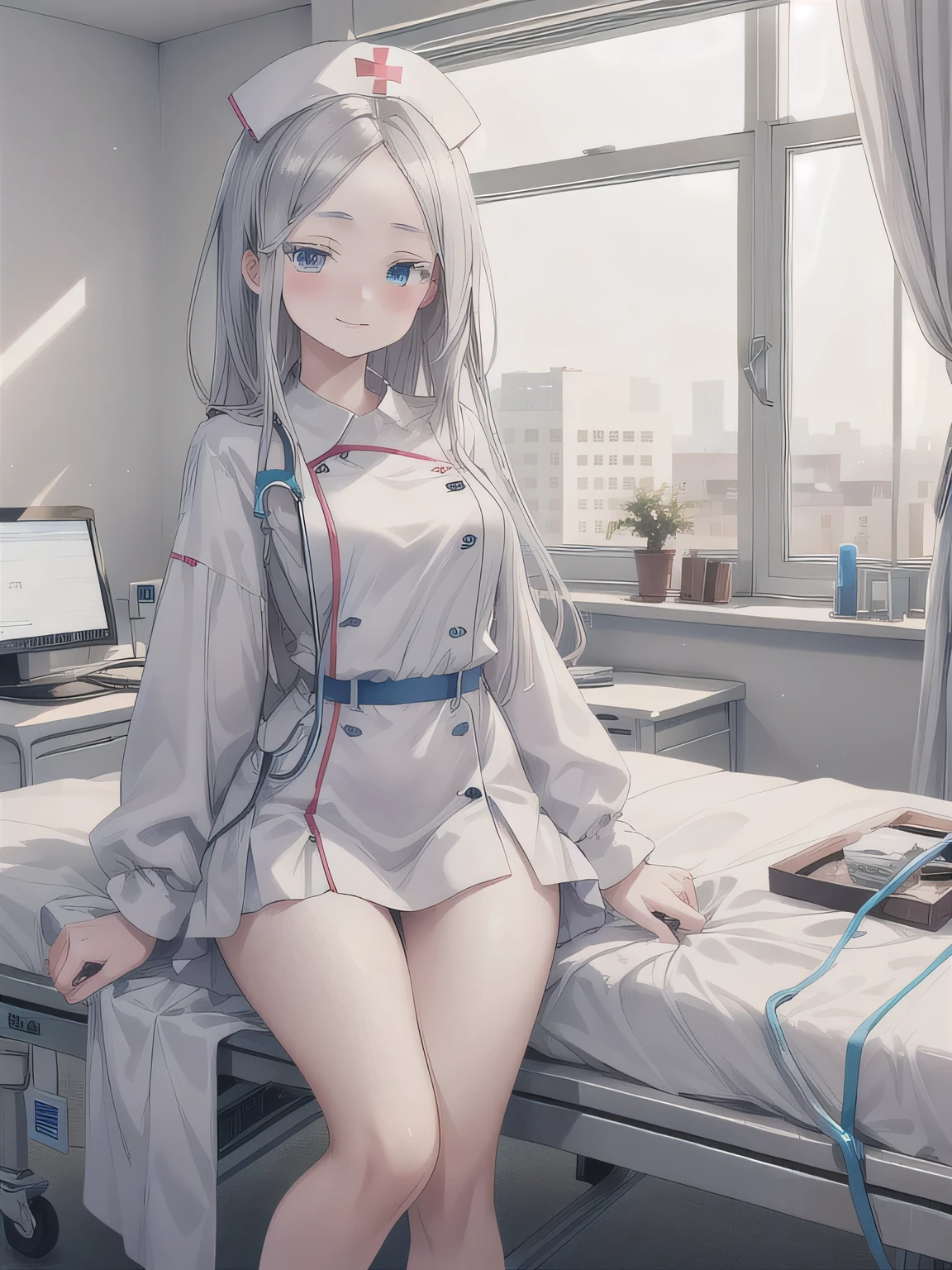 Depict a 20-year-old, very beautiful woman in a hospital room. She is wearing a nurse cap and a mini-skirt style white uniform. Her expression is shy, and she is smiling gently. The setting includes medical equipment and furnishings typical of a hospital room, with soft lighting to create a warm and welcoming atmosphere. 青い瞳。ロングヘア。