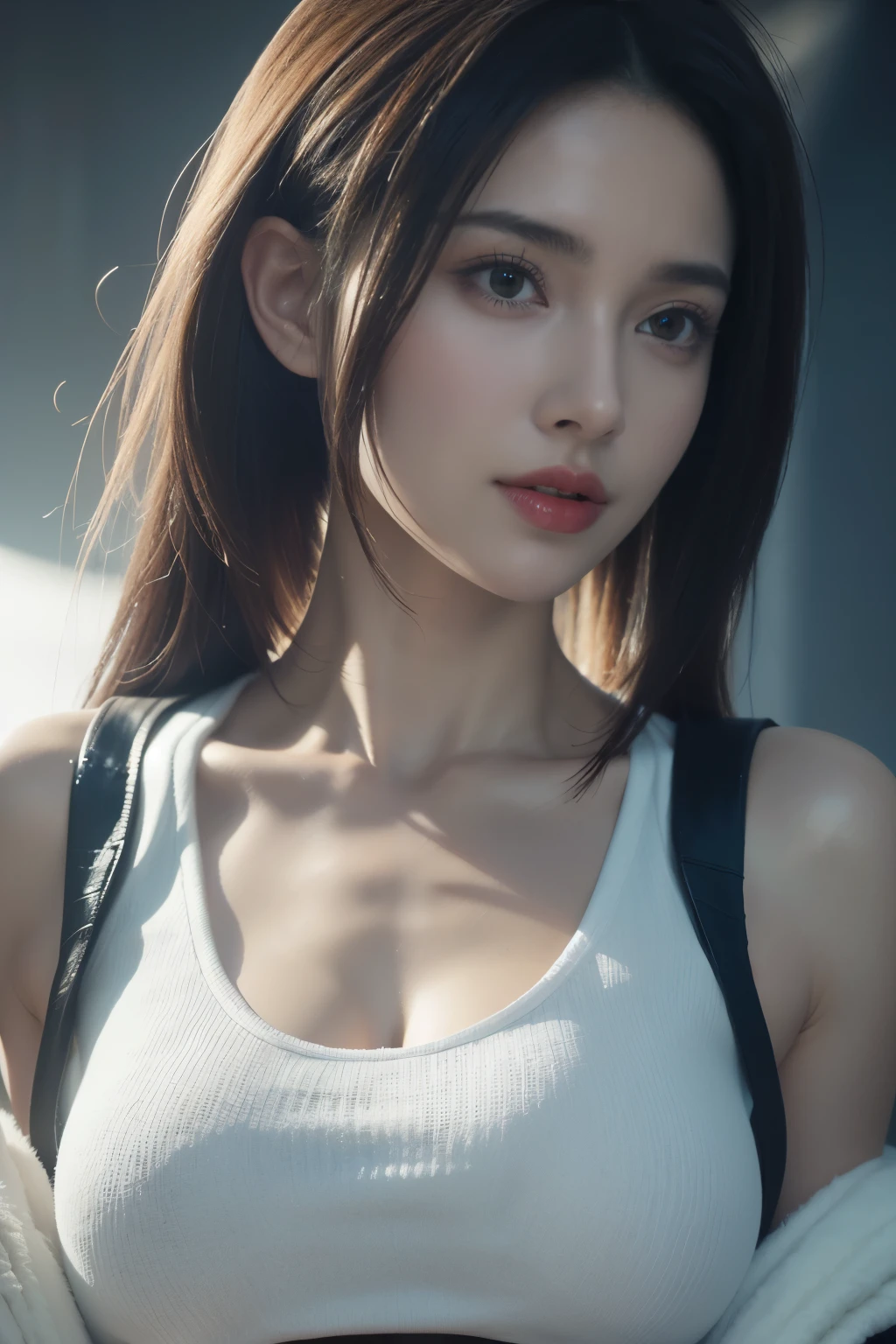 dressed, (photo realistic:1.4), (hyper realistic:1.4), (realistic:1.3), (smoother lighting:1.05), (increase cinematic lighting quality:0.9), 32K, 1girl, 20yo girl, (huge breasts: 1.2), realistic lighting, backlighting, light on face, ray trace, (brightening light:1.2), (Increase quality:1.4), (best quality real texture skin:1.4), finely detailed eyes, finely detailed face, finely quality eyes, (tired and sleepy and satisfied:0.0), white loose thin tank top , (((black under strap))) (Increase body line mood:1.1), (Increase skin texture beauty:1.1)
