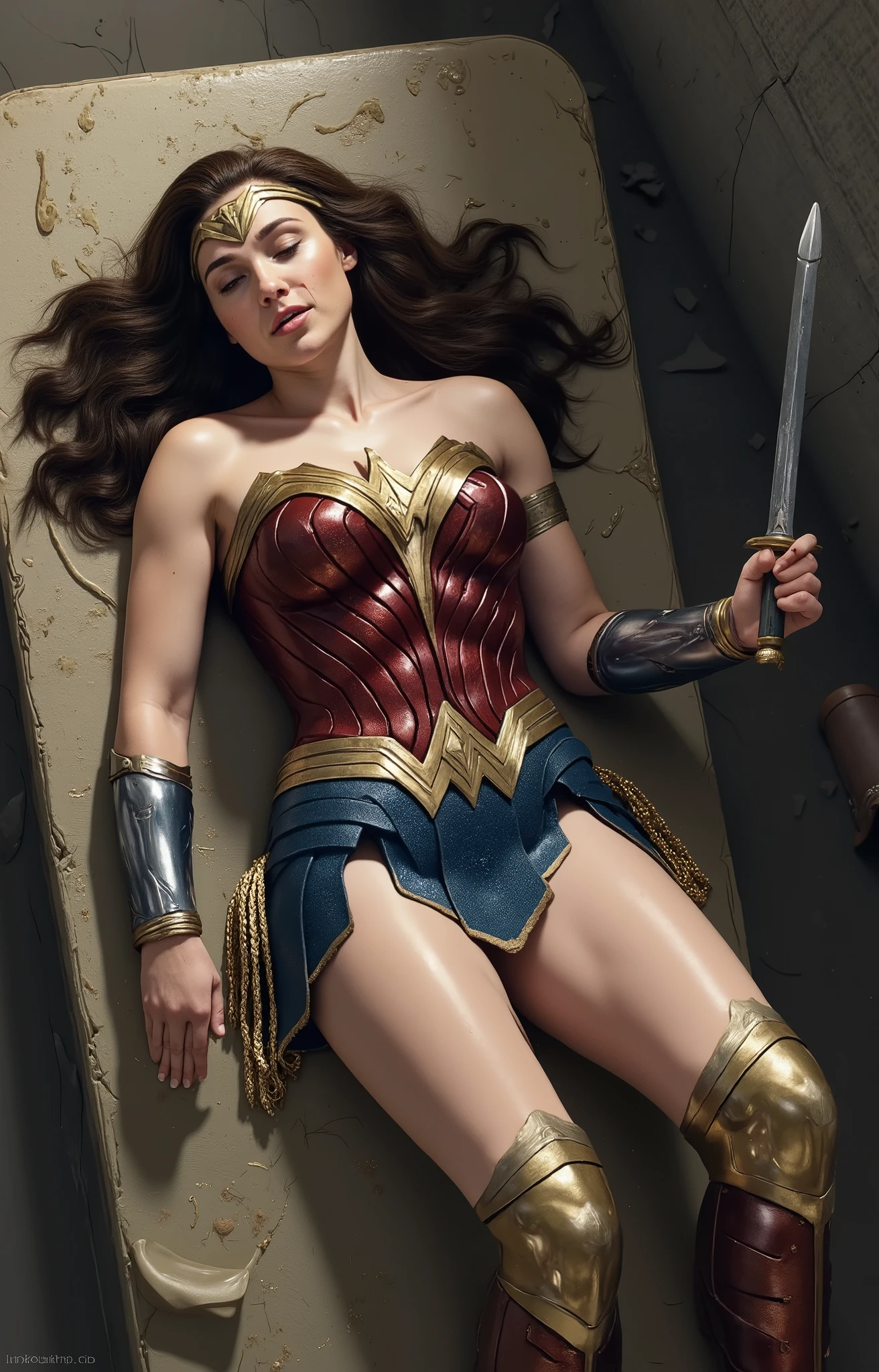 Gal Gadot is Wonder woman, lying unconscious, a lot of cum on her thighs, cum on her face, a lot of ancient Greek soldier around, they all naked, semen on her face, semen on her legs,