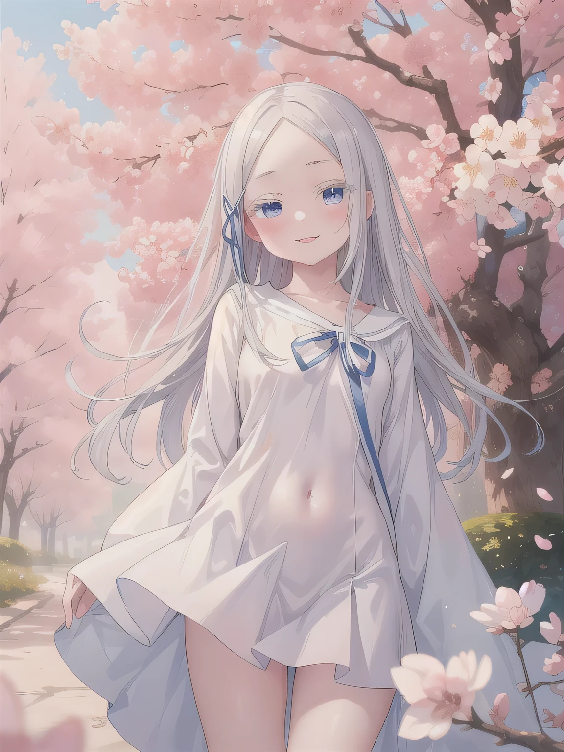 Depict a 20-year-old, very beautiful woman standing under a row of fully bloomed cherry blossom trees. She is dressed in a classic black-and-white sailor-style outfit with a short hem. Her cheeks are slightly flushed, and she is smiling gently, radiating a cheerful and charming aura. The background is filled with vibrant pink blossoms and soft natural light, creating a serene and picturesque scene.青い瞳。ロングヘア。
