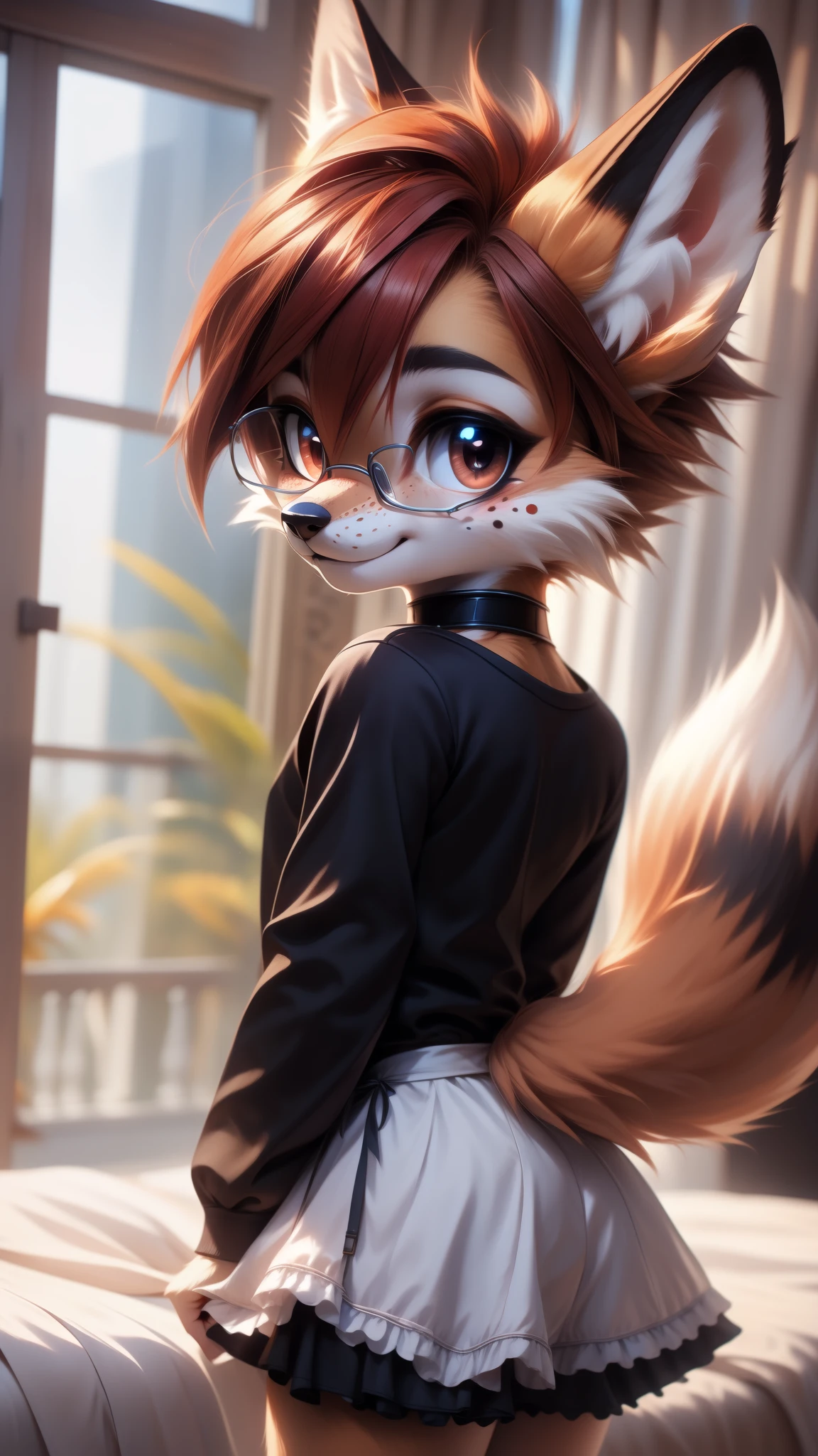 solo,1girl, fur realistic, ultra realistic, fox furry small. loli, with short dark red hair, beautiful red eyes, cute freckles, wearing glasses, very fluffy bushy tail, smug grin, small ears , very young body, flat chest, innocent ,very Young slim, skinny body, feminine girl, thin, choker, shy girl, shy smile, on bed, tail,   small, young, big eyes, wearing a  modest maid dress with long sleeves, bend over, hands on back , back view, back shot