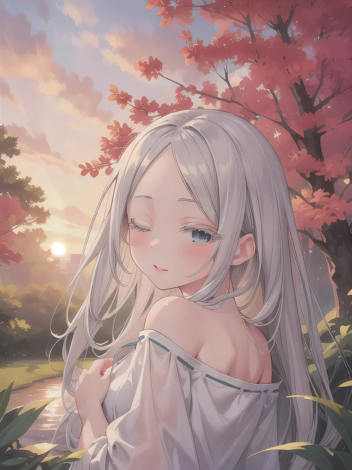 Depict a 20-year-old, very beautiful woman standing in a lush, green park at sunset. The warm light of the evening sun bathes the scene in a golden glow. She is facing forward, her eyes gently closed, her cheeks slightly flushed, and her face tilted slightly upward as if anticipating a kiss. The atmosphere is serene and romantic, with the soft colors of the sunset complementing the tranquil surroundings. 1 woman。青い瞳。ロングヘア。