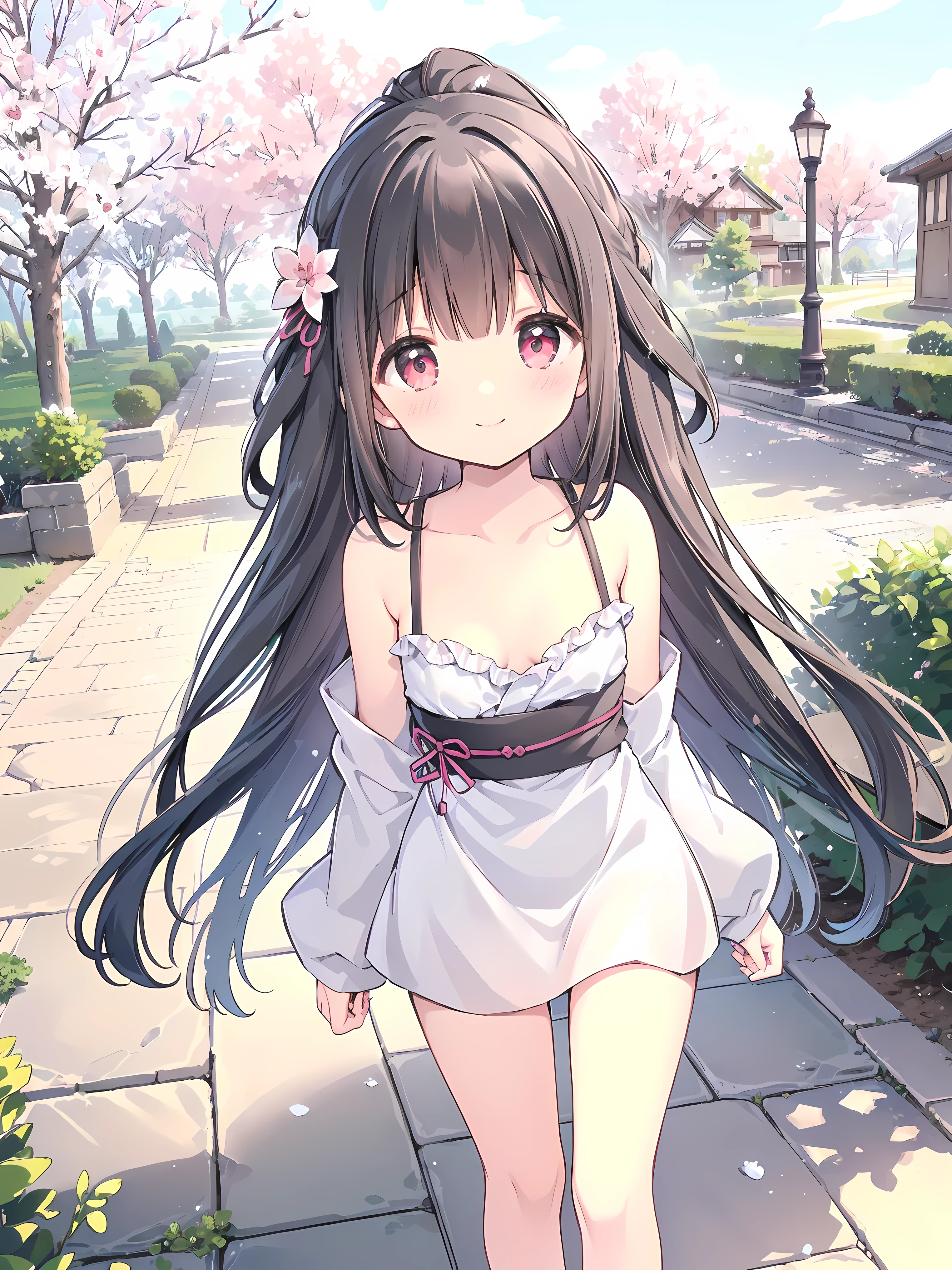 Nardack style lora, (1 girl), (gentle housewife,  girl, B cup size, collarbone, full body, short figure girl, cute and perfect woman, mature aura:1), (masterpiece, best quality, dynamic camera, dynamic view:1.1), ((very long hair, bangs, gentle look, gentle smile, gentle eyes, mature looking, pinkish cheeks, very detailed eyes, very detailed pupils, very detailed ridiculously long black ponytail hair, detailed face, detailed ruby red eyes, detailed long black straight Japanese traditional hair)), (happy gentle face, warm smile, blushing red cheeks:1.2), (casual clothes, on date, in the park, sakura tree walkway:1.35), (reaching both hands forward, arms wide open, inviting embrace, perspective from first person point of view, warm and welcoming body language:1.5)
