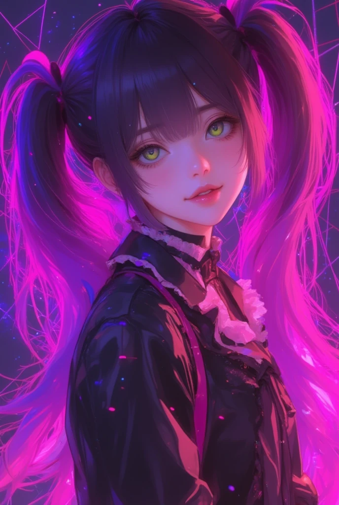 long hair beautiful girl anime hair flouresente hair shinier, color purple neon orange neon