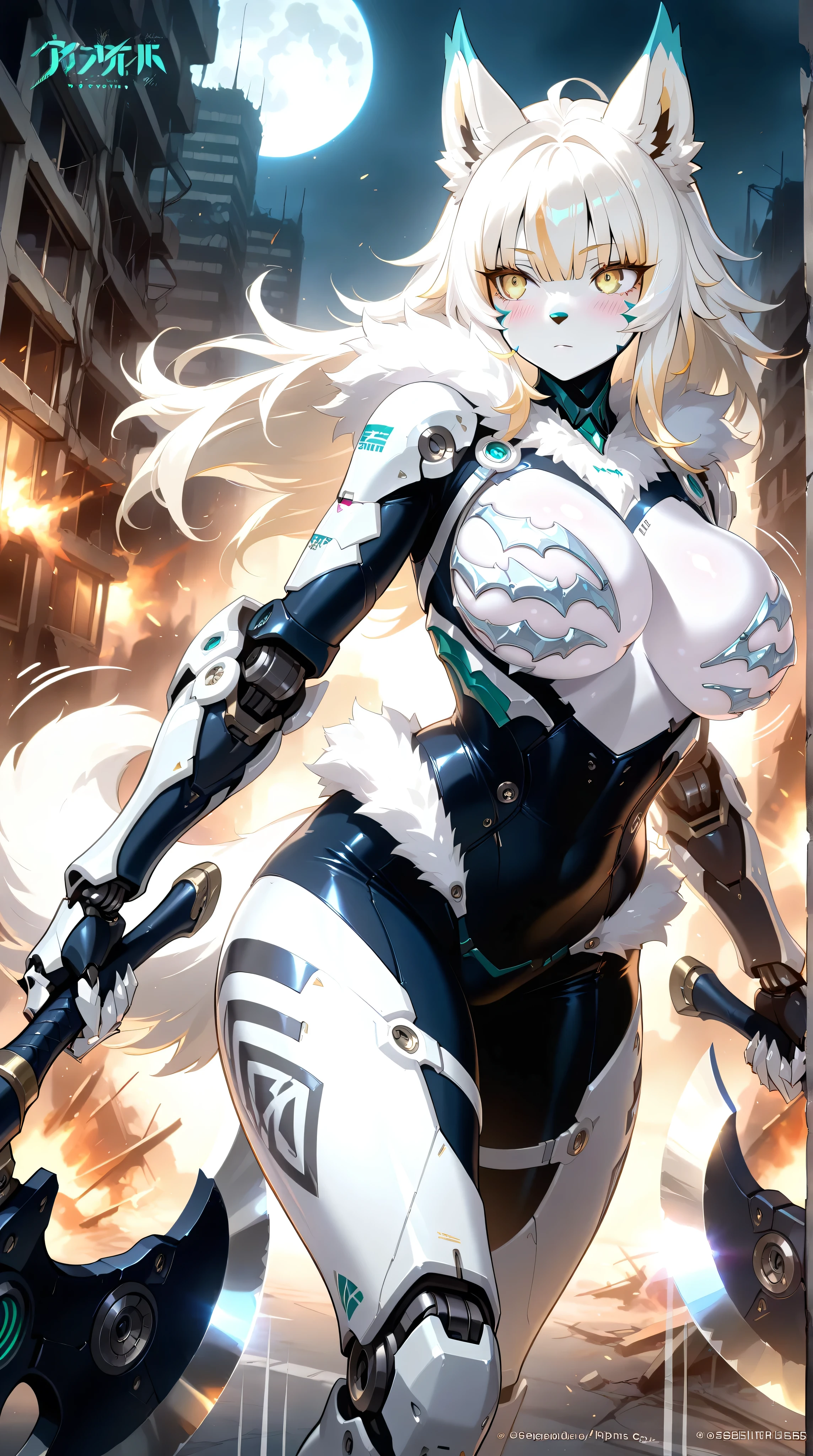 masterpiece,best quality,official art,extremely detailed CG unity 8k wallpaper,extremely detailed background, fantasy art, intricate details, (Sci-fi style), (Mechanical style),1girl,huge_breasts,Mechanical body,mechanical parts,mecha corset,robot joints,mechanical arms,(whole body),thick thighs,lustrous skin,shiny skin,pale skin
(white mastiff armor),(white fur trim),(white intricate mechanical bodysuit),white Functional clothing,dog ears,dog tail,(white claw bra:1.4)
outdoor,building_ruins,burning city,black night,full moon
expressionless,blush,standing,Wielding a axe,cleaving,incoming cleave,incoming attack,dynamic angle,speed line,motion lines,bouncing-breasts,unaligned-breasts
yellow eyes,detailed beautiful eyes,finely detailed eyes
(white hair,crew cut,blunt_bangs,hair_between_eyes,reflective hair,