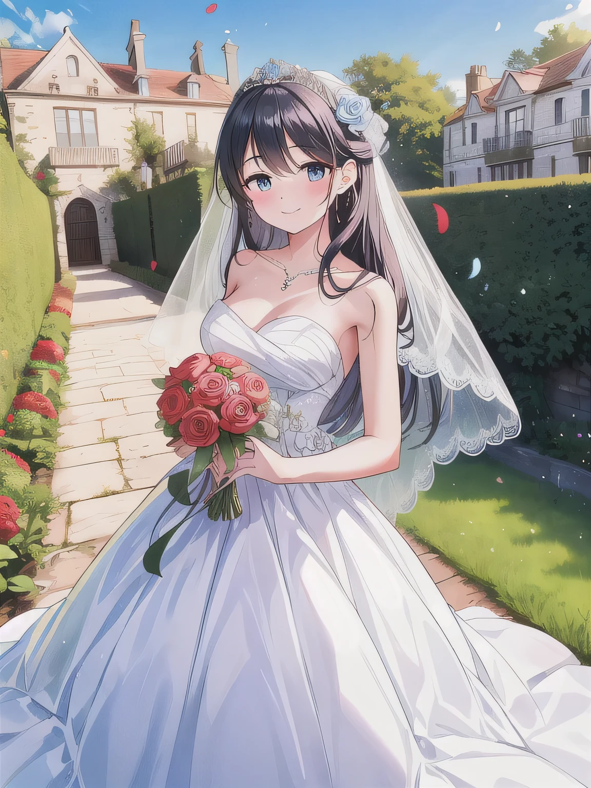 A stunningly beautiful 20-year-old woman standing in the courtyard of a luxurious mansion under a clear blue sky. She is wearing a white and blue wedding dress and holds a red bouquet with both hands in front of her chest. She looks very happy, with a radiant and joyful expression.