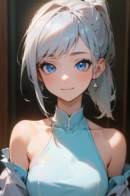 (masterpiece: 1.2, highest quality), (Actual Photos, Intricate details), 1. woman, alone, Upper Body, casual, Shoulder-length hair, Minimal makeup, Natural materials, Face close-up, smile, Home, Gray Hair, blue eyes, Shoulder Bare、ponytail、Sexy Swimsuit、