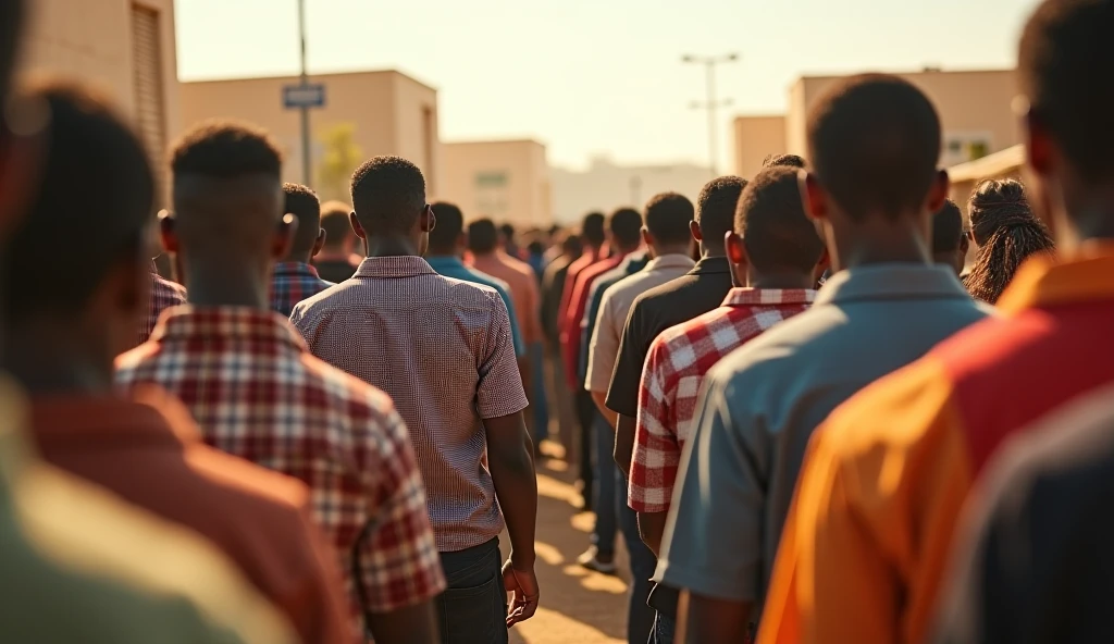 A shot of Sudan shows a group of people waiting in a long queue in front of a government office. The weather is hot and sunny, with signs of fatigue on their faces. The background contains government buildings, but with bright lighting that shows hope. . Make the colors different between Arabs and Africans, as well as the type of dress between them