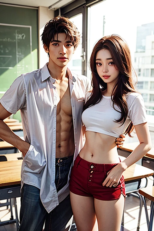 1 man, 1 woman, male model hugging female model's waist, close relationship, Araf woman in pink top and jeans dancing with handsome male model, Korean female fashion model, photo of slim girl model, wearing tight simple clothes, thin waist and thick buttocks: 1.1, gorgeous young Korean woman wearing sexy cropped top in crop top in crop top in crop top in Korean girl, casual dress style, 2 4 year old female model, beautiful Korean woman, HD, 16k, realistic, small round face: 1.0, realistic perfect face and skin, detailed beautiful glasses, double eyelids, long eyelashes, swollen eyes, realistic face and eyes, facial light, super detailed facial details, lip gloss, blush: 1.0, brand open crop top (pink, open V-neck, super realistic detailed clothes: 0.8, huge boobs: 1.5, perfect breasts and nipple bulge: 1.5), high-end brand skinny jeans ((super realistic detailed jeans: 0.6)), perfect big boobs, Perfect breasts, perfect waist, perfect buttocks, (enchanting, beautiful, sexy: 1.0), round calves: 1.2, white and tender toes: 1.2, wearing high-end designer crystal sandals (stiletto heels: 0.5), realistic and stylish shawl hair, shoulder length: 1.0, smiling teeth: 1.0, handsome male model: 1.0, private shooting, private shooting, background ((super luxurious yacht, green venue, buffet table, swimming pool, poolside parasols and beach chairs)), Dancing with a male model: 1.2, Dancing gracefully: 1.5, Autofocus: 1.2, Shooting from the best angle, Versatile poses, Full body: 1.5