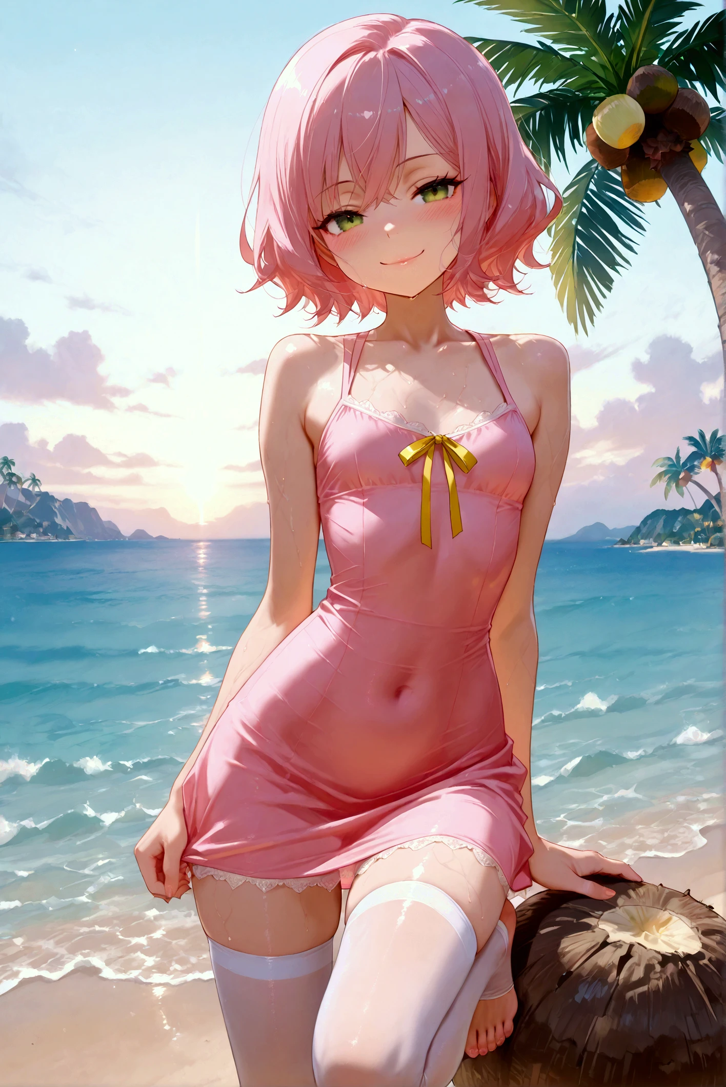 June is tan-skinned with black eyes and pale pink cheeks. Her hair is made of sand and shaped into a sand castle. Also on her head is a red bucket and three gold stars. She wears a frilly pastel blue swim outfit with fuchsia floaties on her back, resembling a pair of wings. Around her waist is an orange floatie. For shoes, she wears bright red flats. SPARKLE; GLITTER