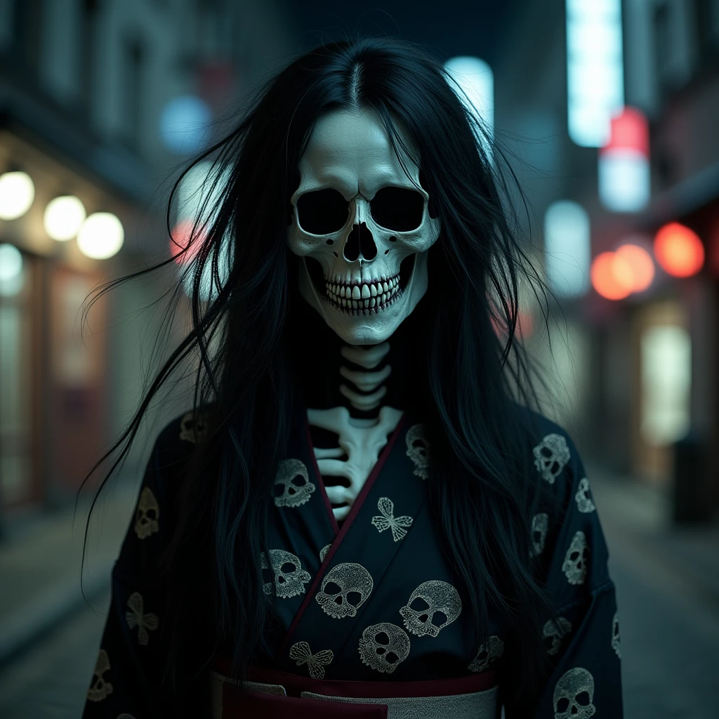 In the garden of a Japanese house、Black and white photo of a yokai resembling a Japanese woman in a kimono。The face is skeletal, human and mechanical.。
